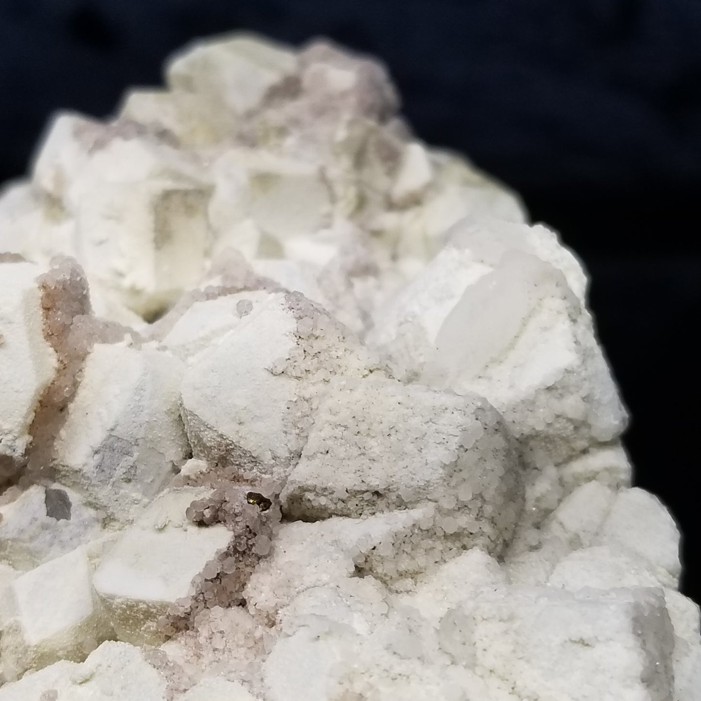 #11073 White Dolomite along with clear Nailhead Spar Calcite on Combined form Calcite cluster on white Calcite