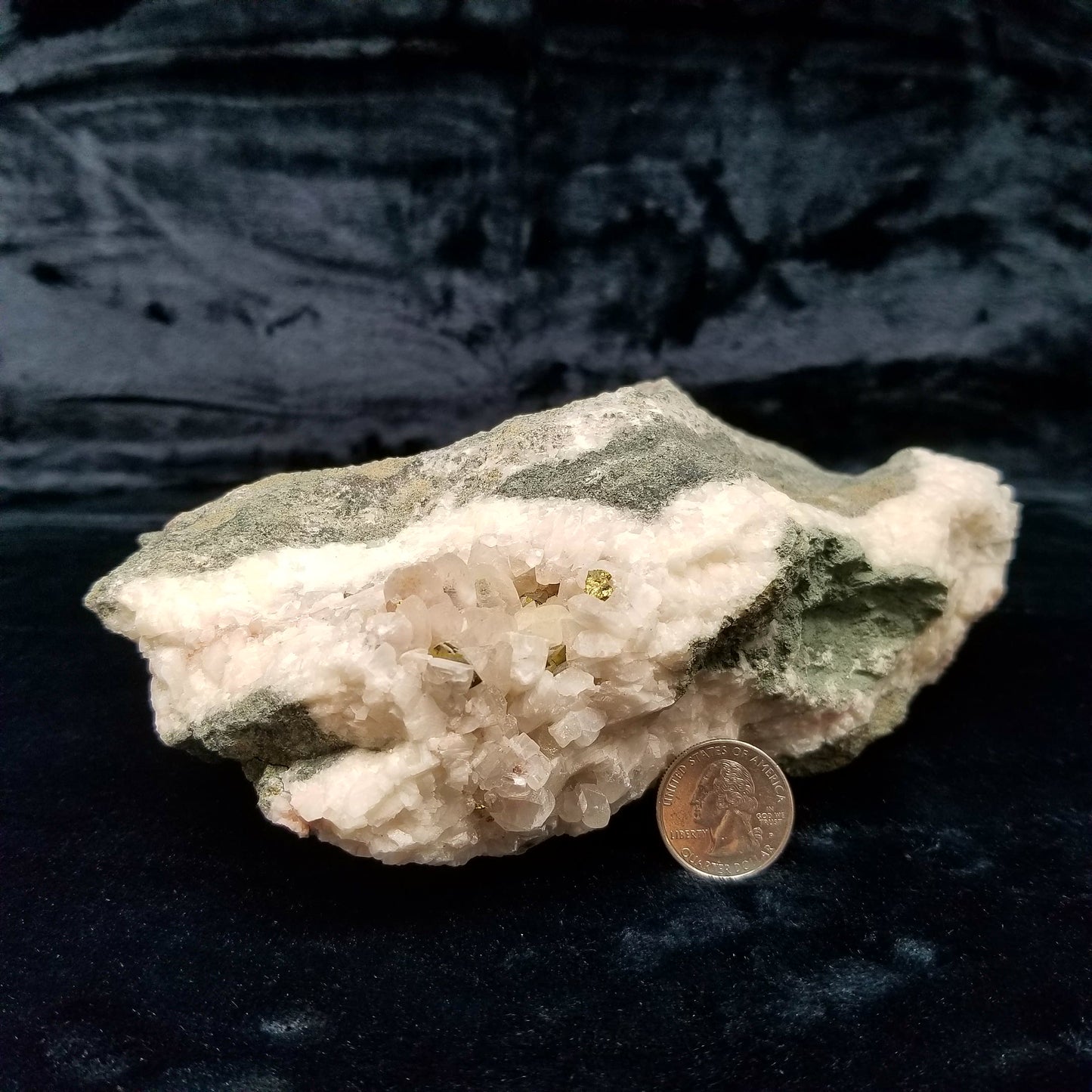 #11083 Iridescent Gold Chalcopyrite on clear Combined form Calcite with Hematite inclusions