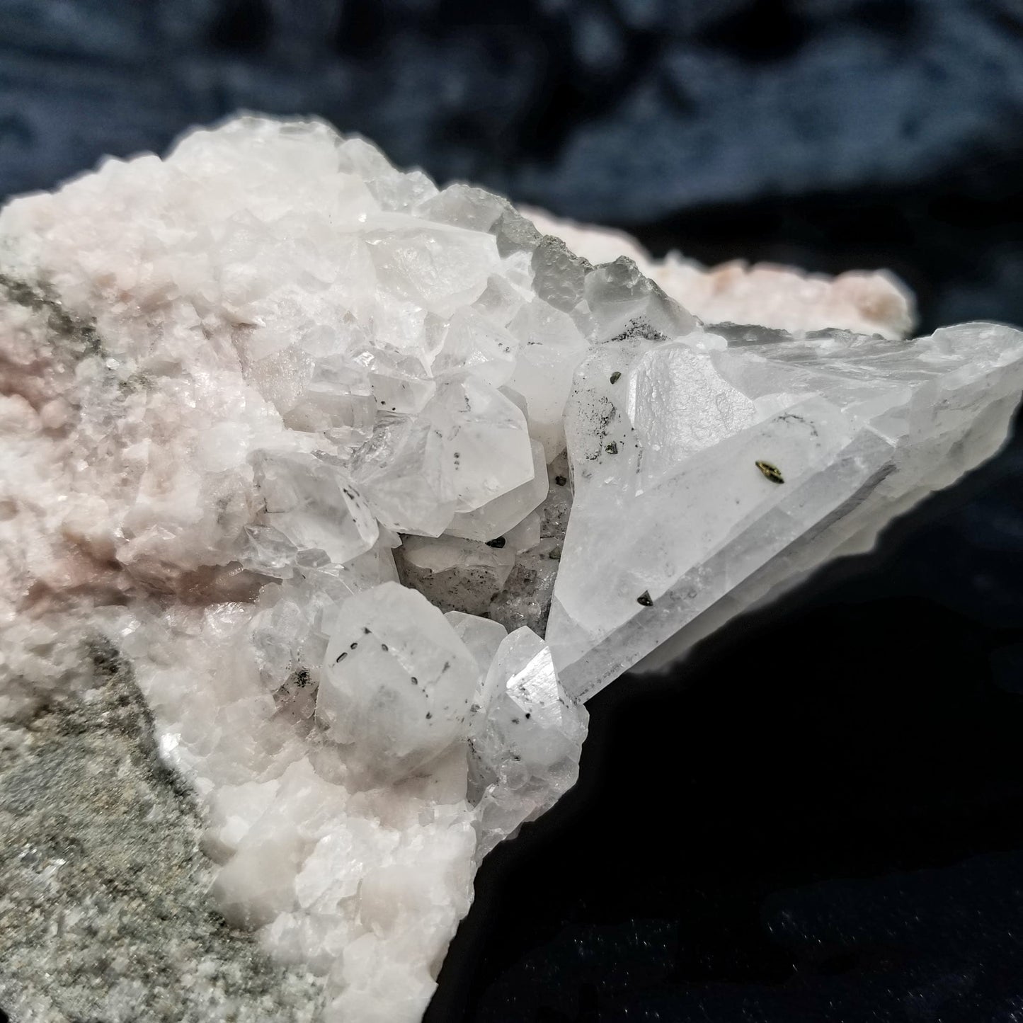 #11091 Hematite and Chalcopyrite on clear Combined form Calcite with Hematite inclusions on white Calcite