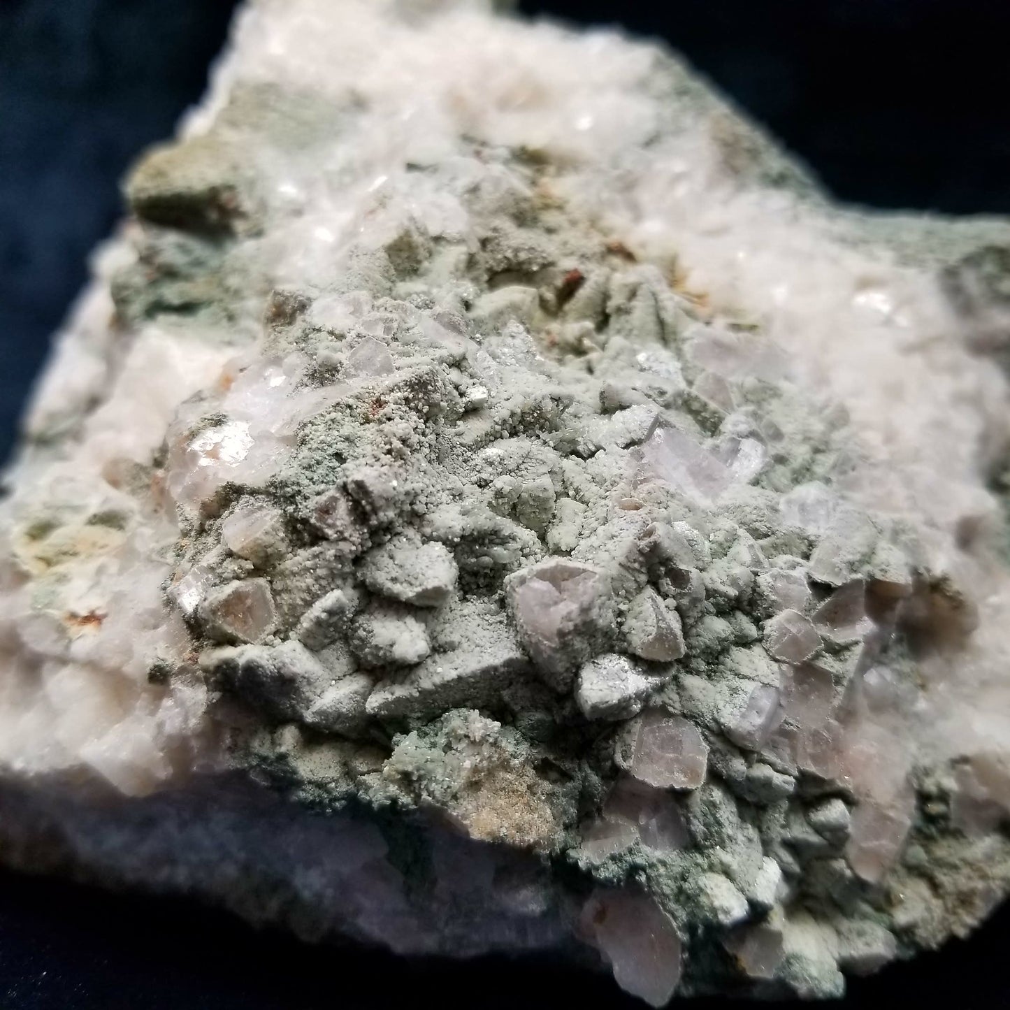 #11110 White Dolomite and special green formation on Dogtooth Spar Calcite