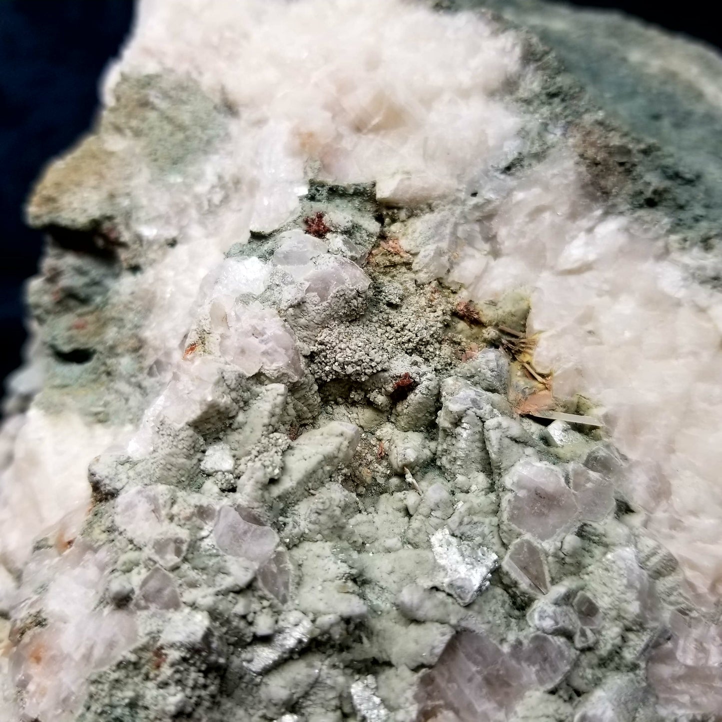 #11110 White Dolomite and special green formation on Dogtooth Spar Calcite