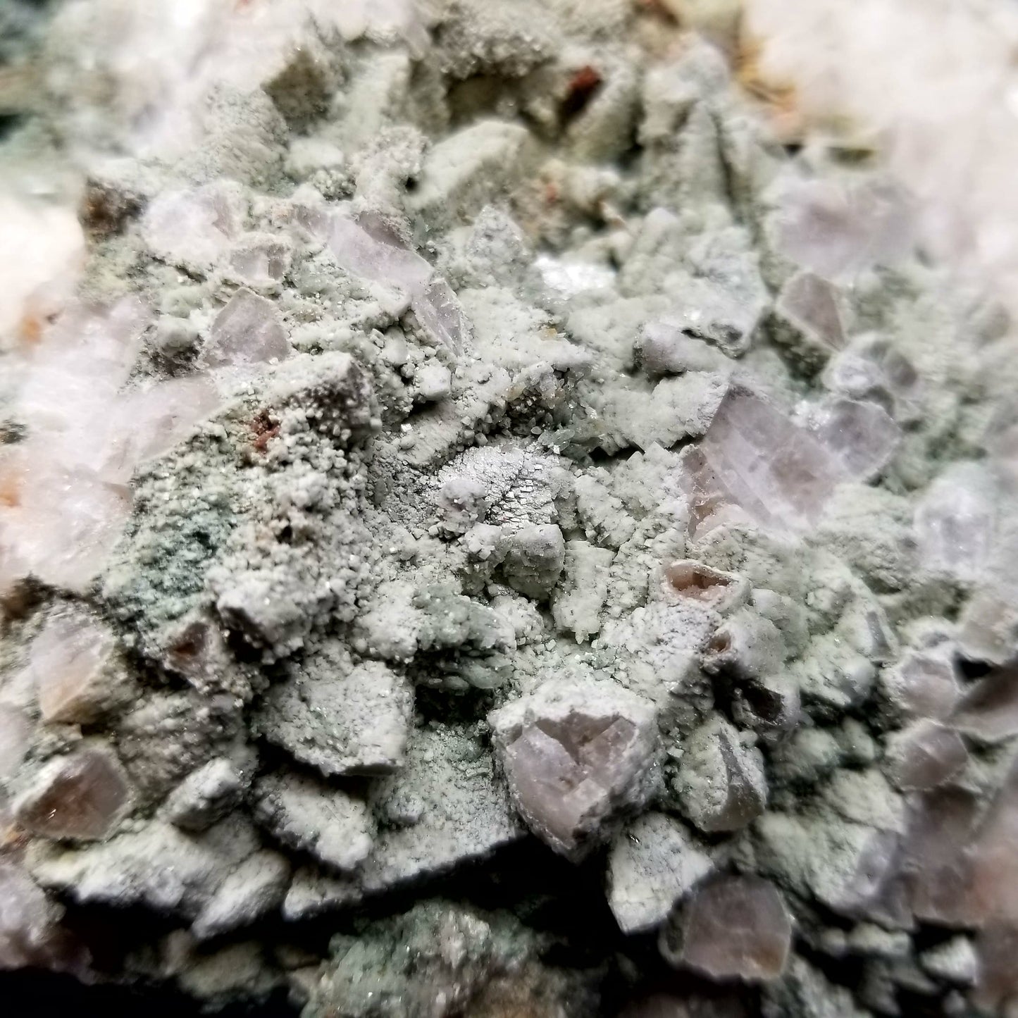 #11110 White Dolomite and special green formation on Dogtooth Spar Calcite