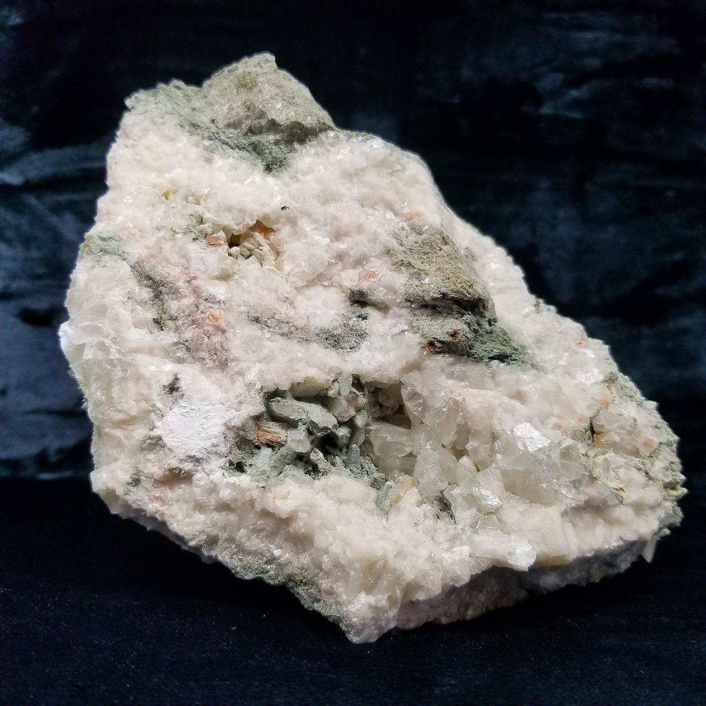 #11110 White Dolomite and special green formation on Dogtooth Spar Calcite