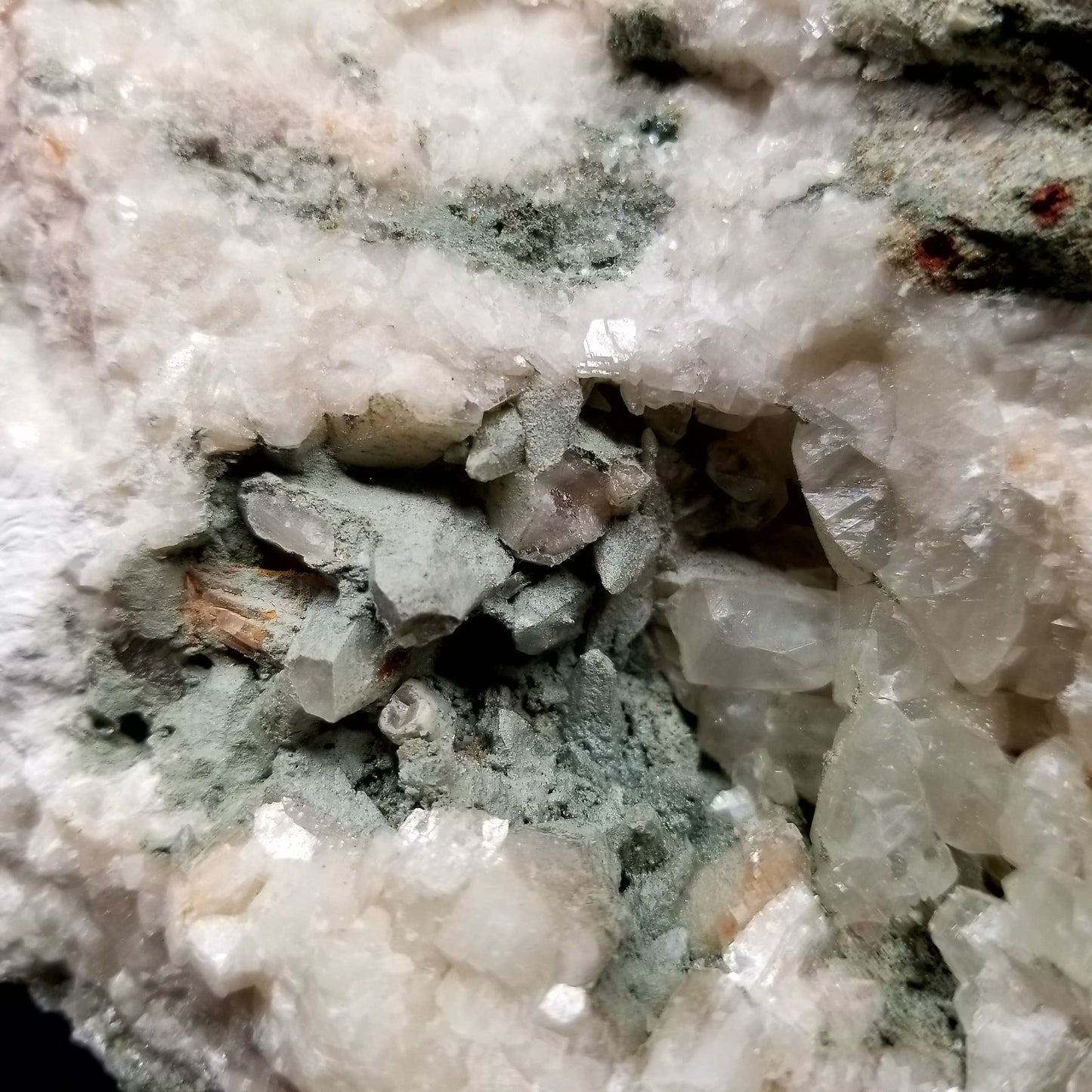 #11110 White Dolomite and special green formation on Dogtooth Spar Calcite