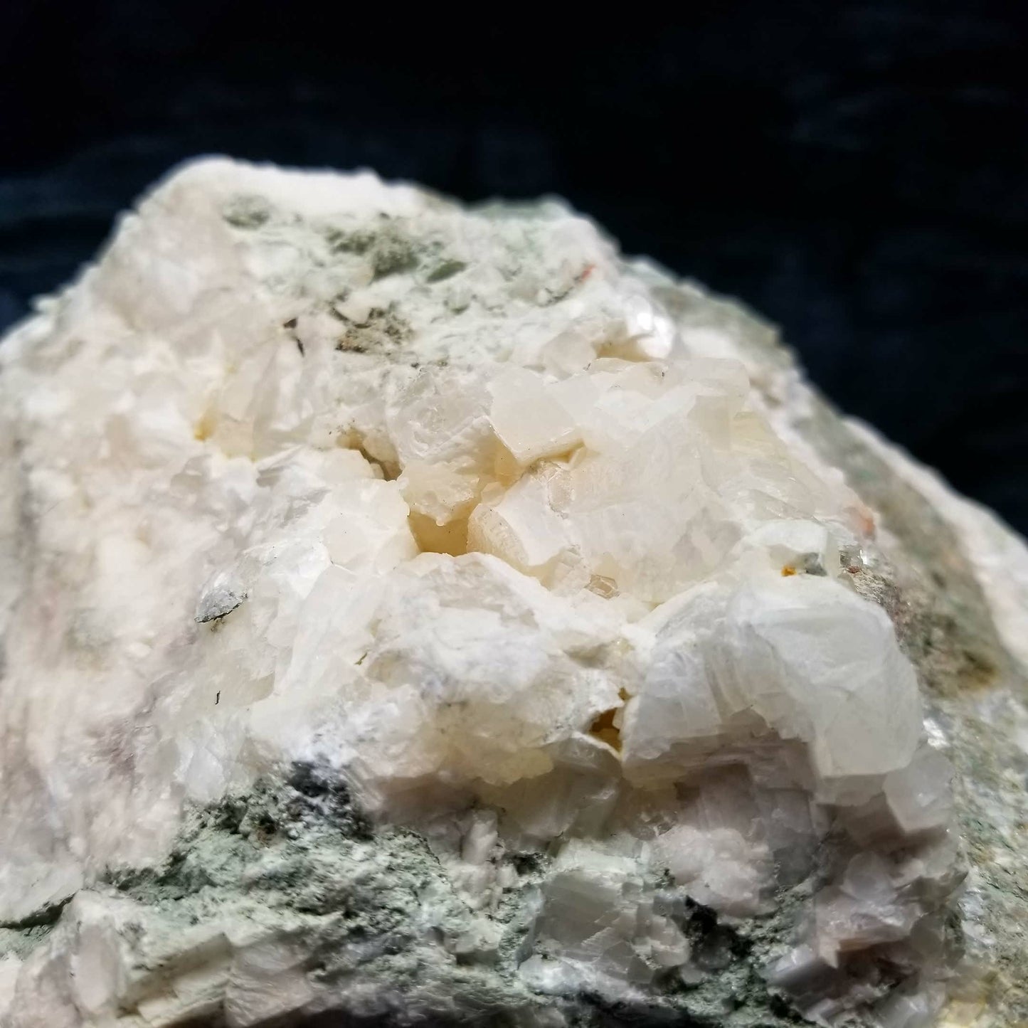 #11110 White Dolomite and special green formation on Dogtooth Spar Calcite