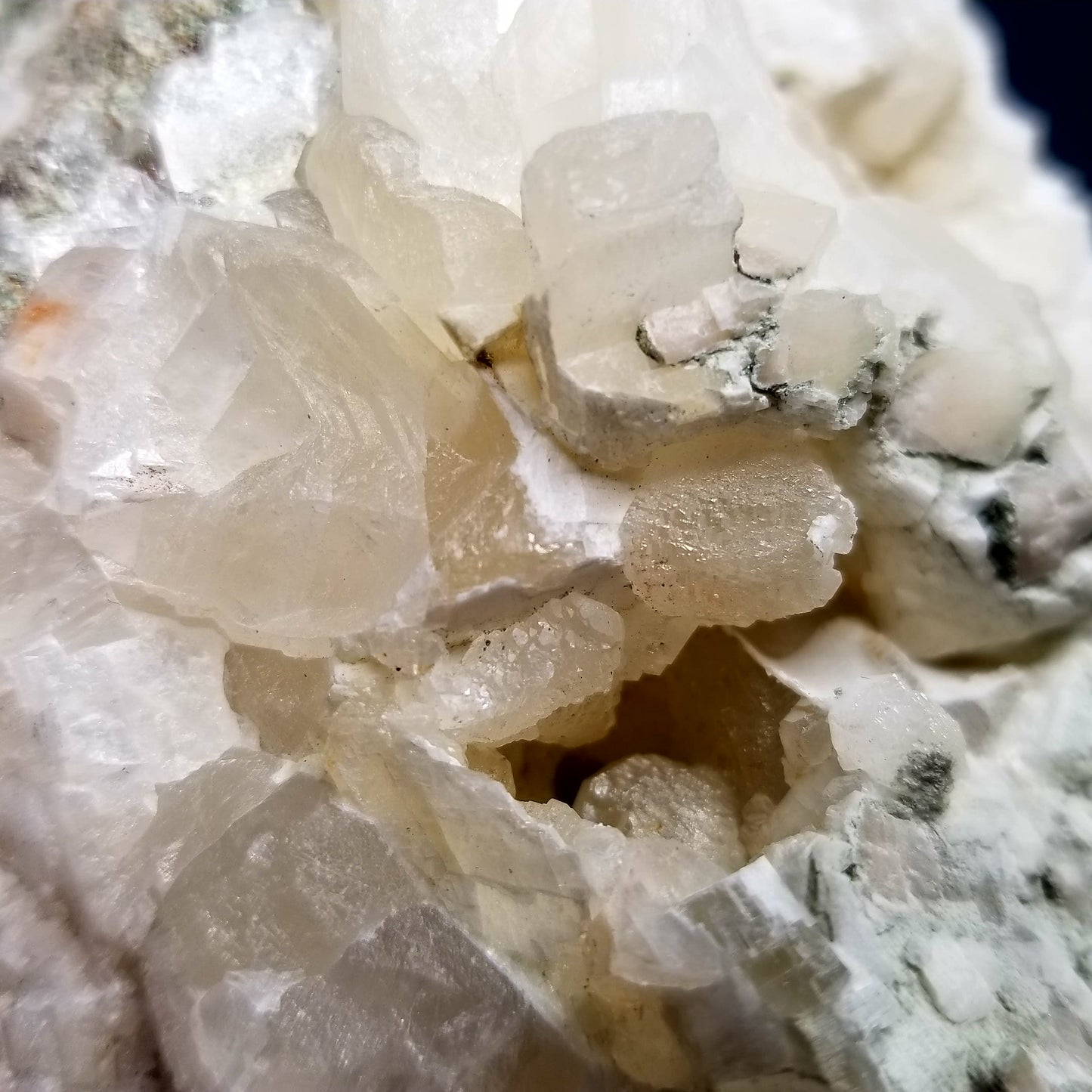 #11110 White Dolomite and special green formation on Dogtooth Spar Calcite