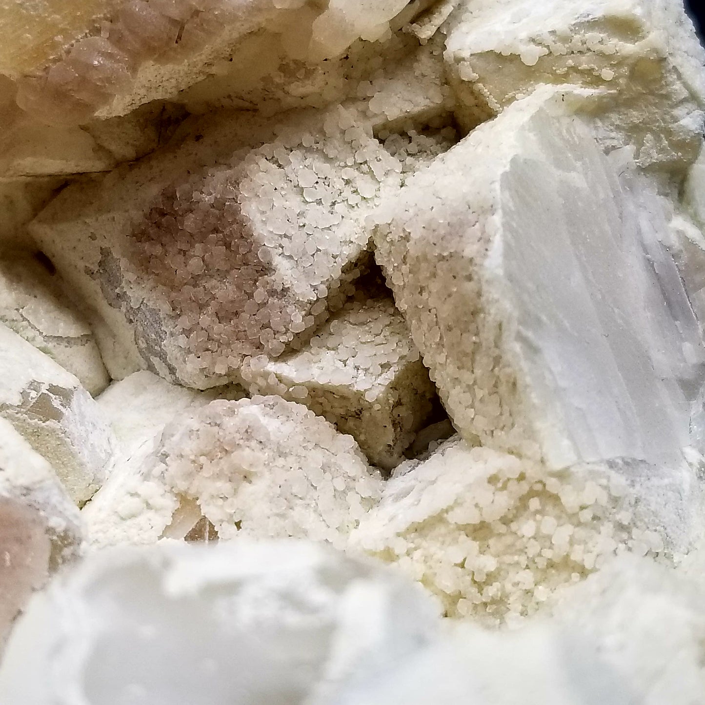 #11111 White Dolomite on Combined form Calcite cluster