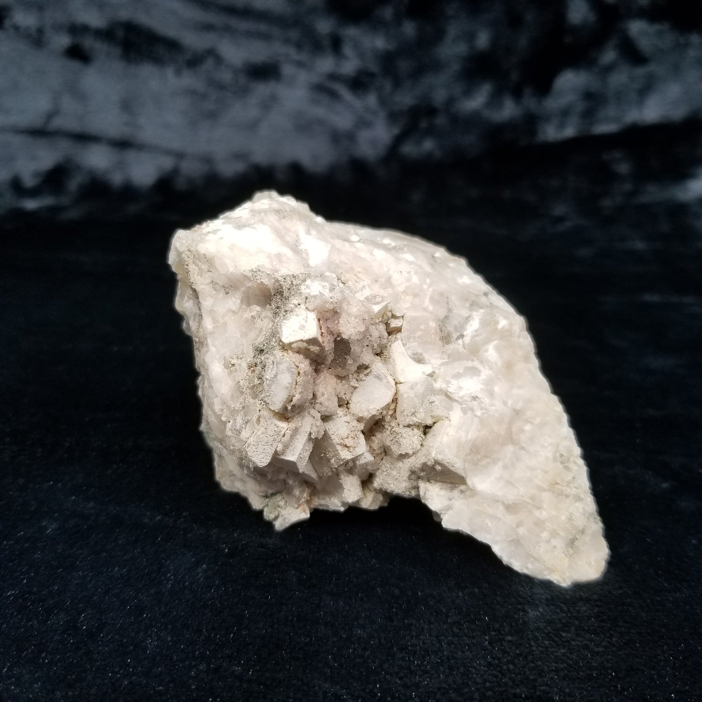 #11112 White Dolomite and small super clear Nailhead Spar Calcite crystals with Hematite inclusions on Combined form Calcite cluster on white Calcite