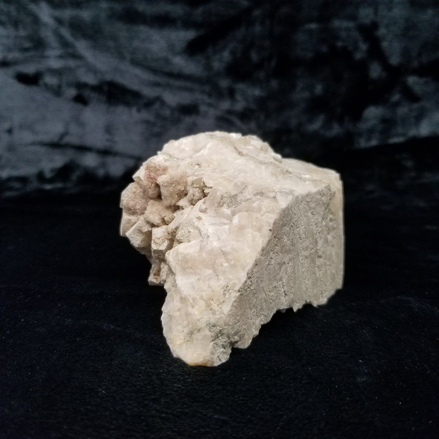 #11112 White Dolomite and small super clear Nailhead Spar Calcite crystals with Hematite inclusions on Combined form Calcite cluster on white Calcite