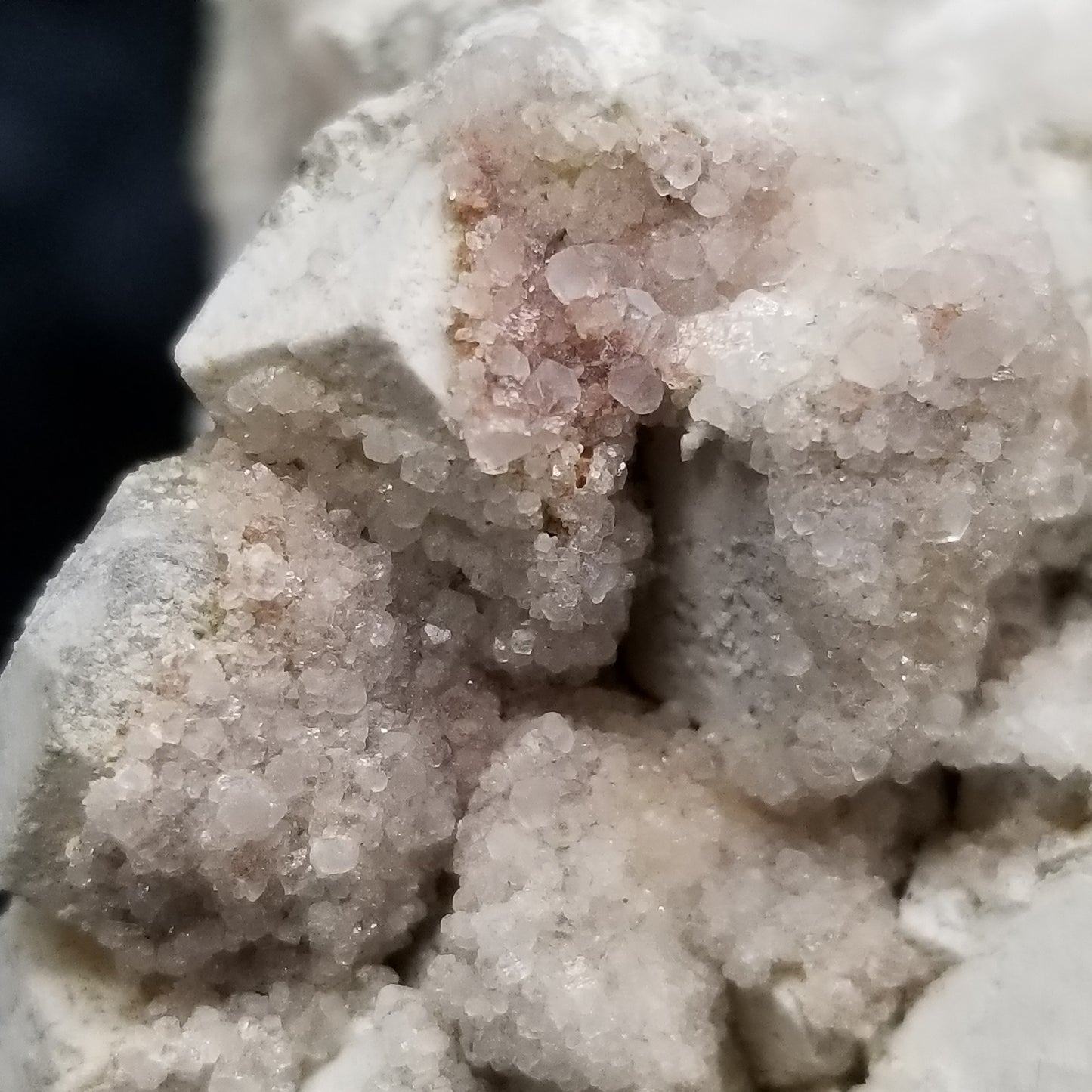 #11112 White Dolomite and small super clear Nailhead Spar Calcite crystals with Hematite inclusions on Combined form Calcite cluster on white Calcite