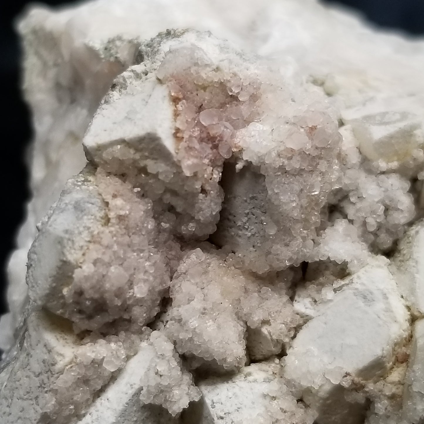 #11112 White Dolomite and small super clear Nailhead Spar Calcite crystals with Hematite inclusions on Combined form Calcite cluster on white Calcite