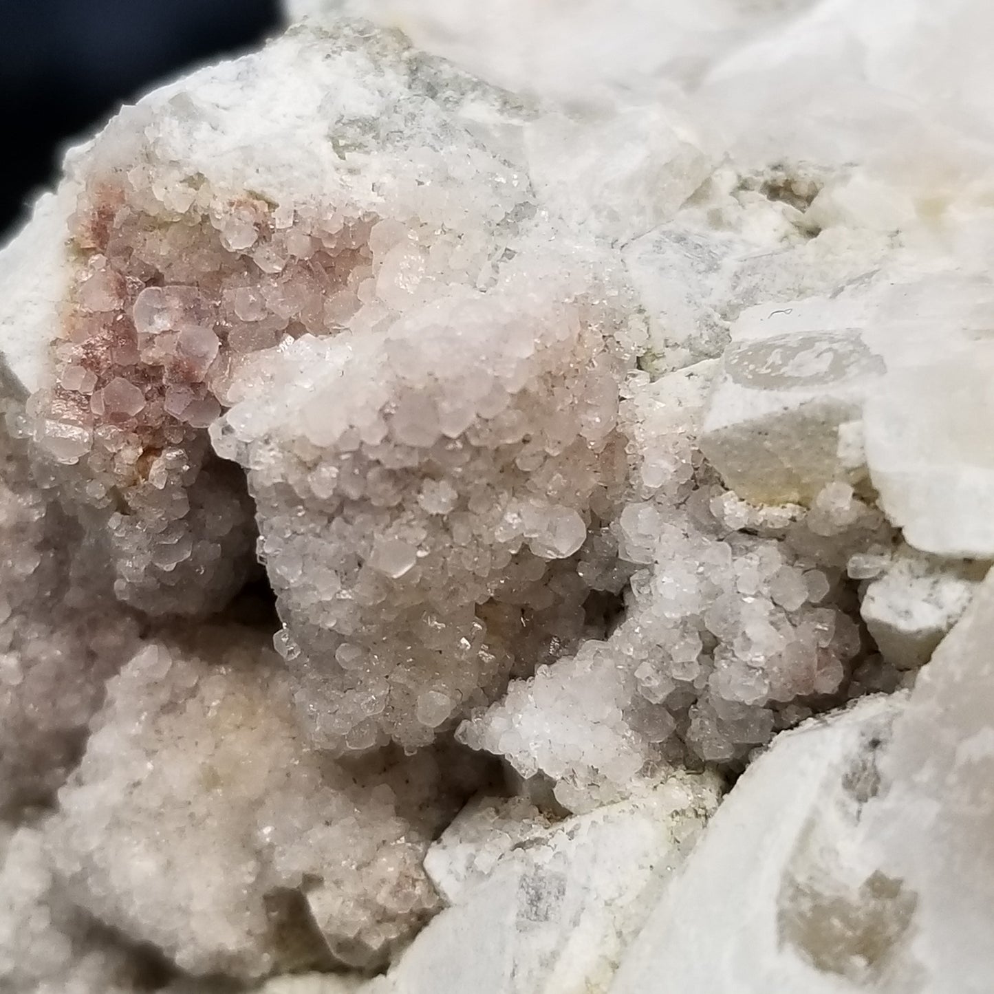 #11112 White Dolomite and small super clear Nailhead Spar Calcite crystals with Hematite inclusions on Combined form Calcite cluster on white Calcite