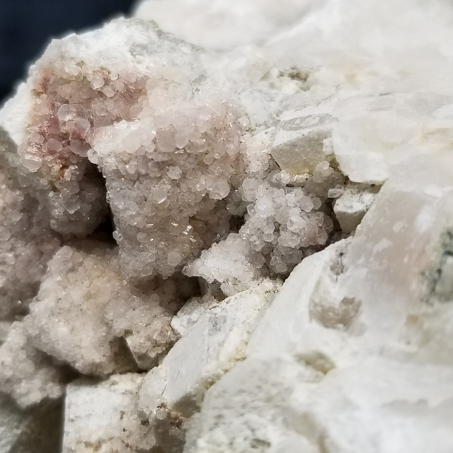 #11112 White Dolomite and small super clear Nailhead Spar Calcite crystals with Hematite inclusions on Combined form Calcite cluster on white Calcite