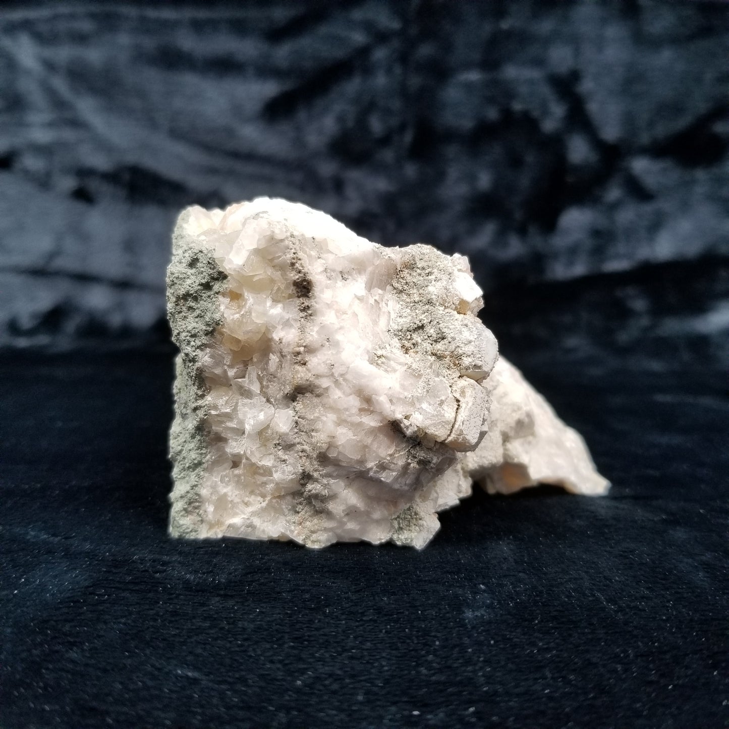 #11112 White Dolomite and small super clear Nailhead Spar Calcite crystals with Hematite inclusions on Combined form Calcite cluster on white Calcite