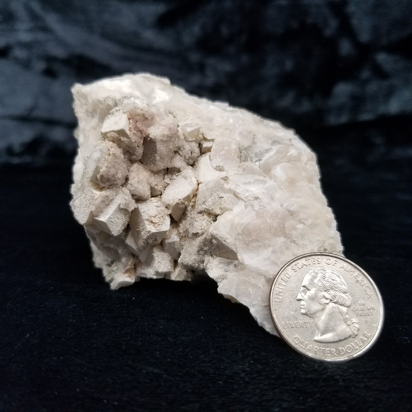 #11112 White Dolomite and small super clear Nailhead Spar Calcite crystals with Hematite inclusions on Combined form Calcite cluster on white Calcite