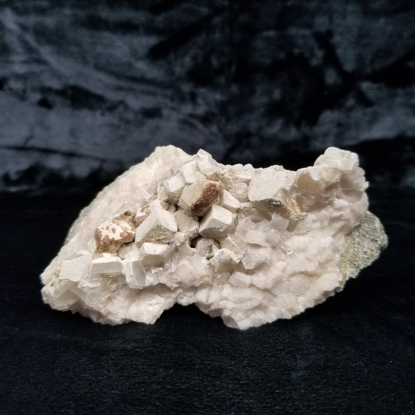 #11113 White Dolomite on Combined form Calcite cluster