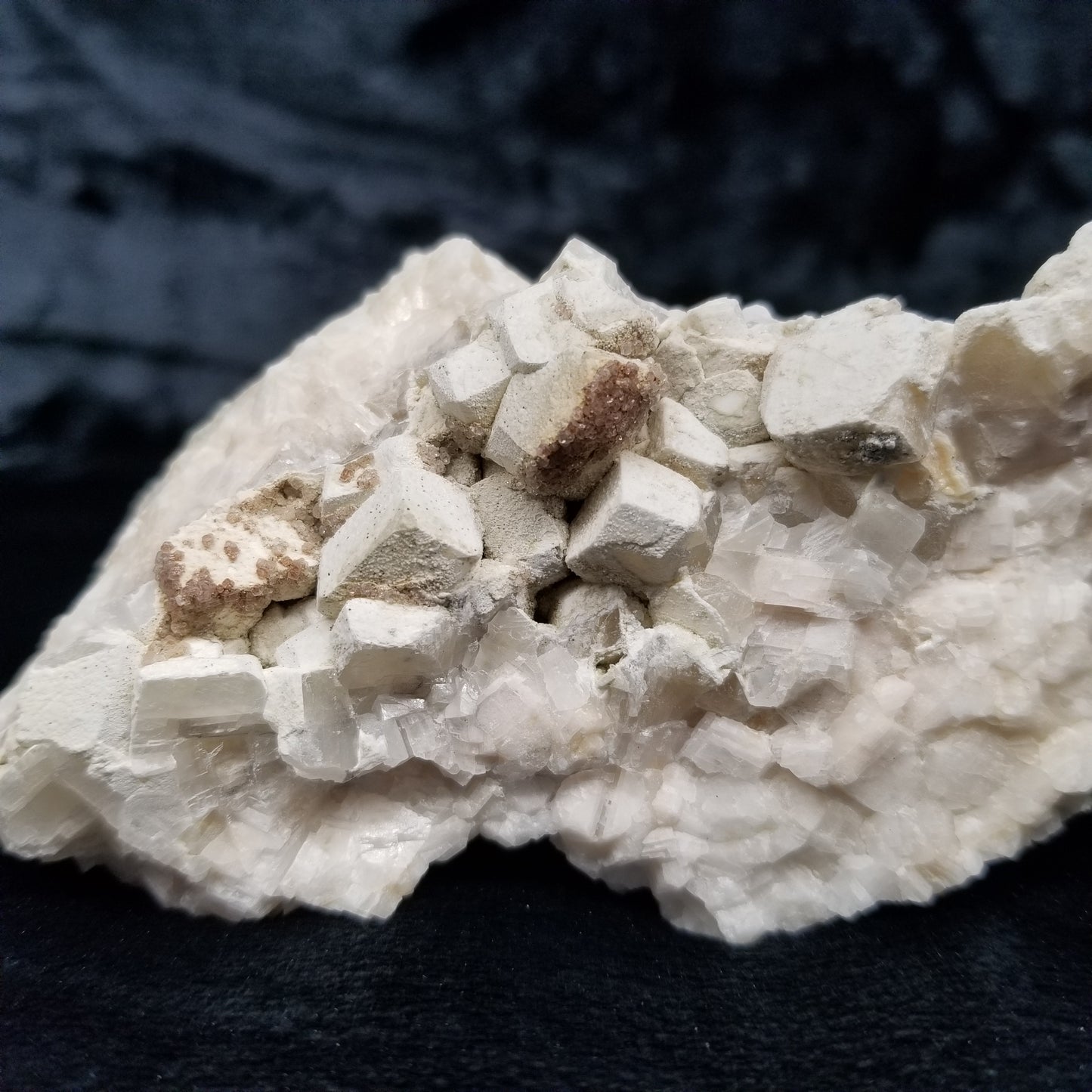 #11113 White Dolomite on Combined form Calcite cluster