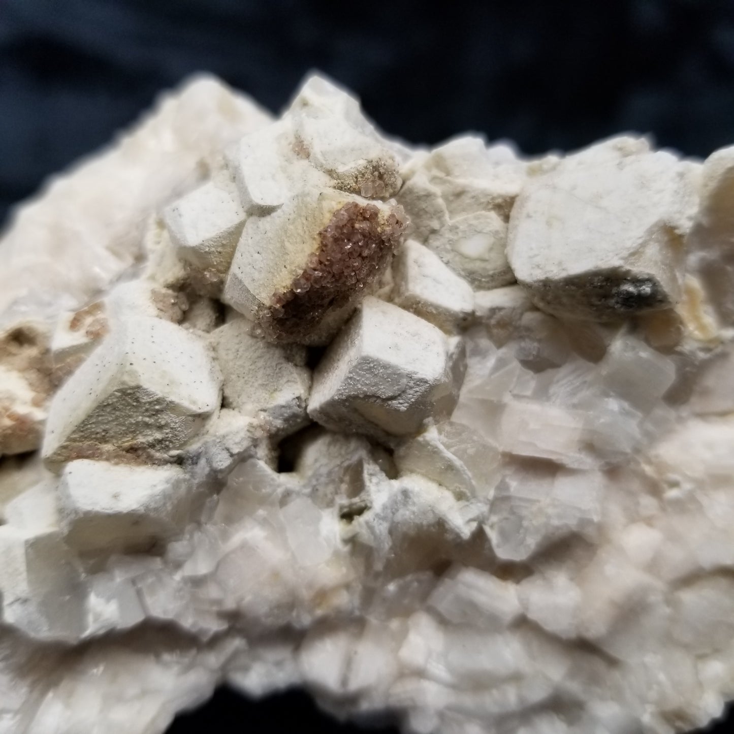 #11113 White Dolomite on Combined form Calcite cluster