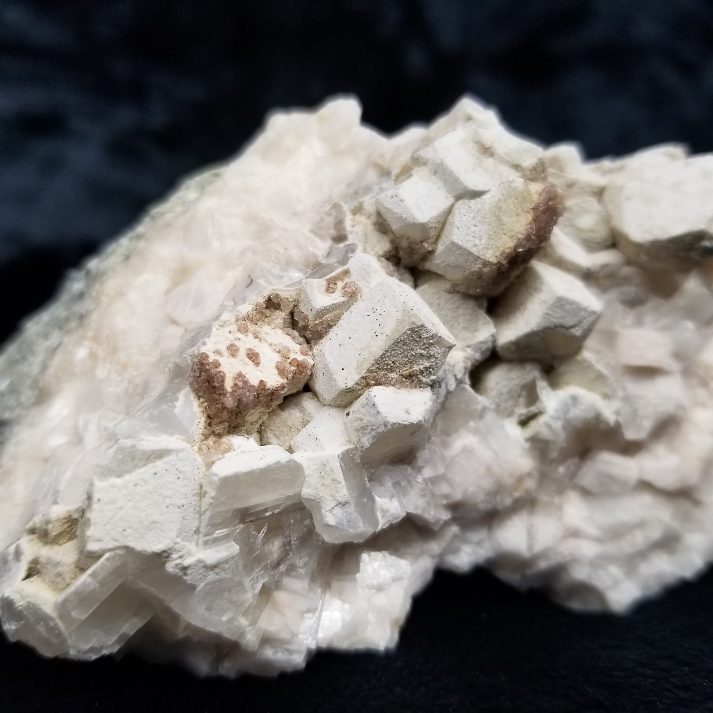 #11113 White Dolomite on Combined form Calcite cluster