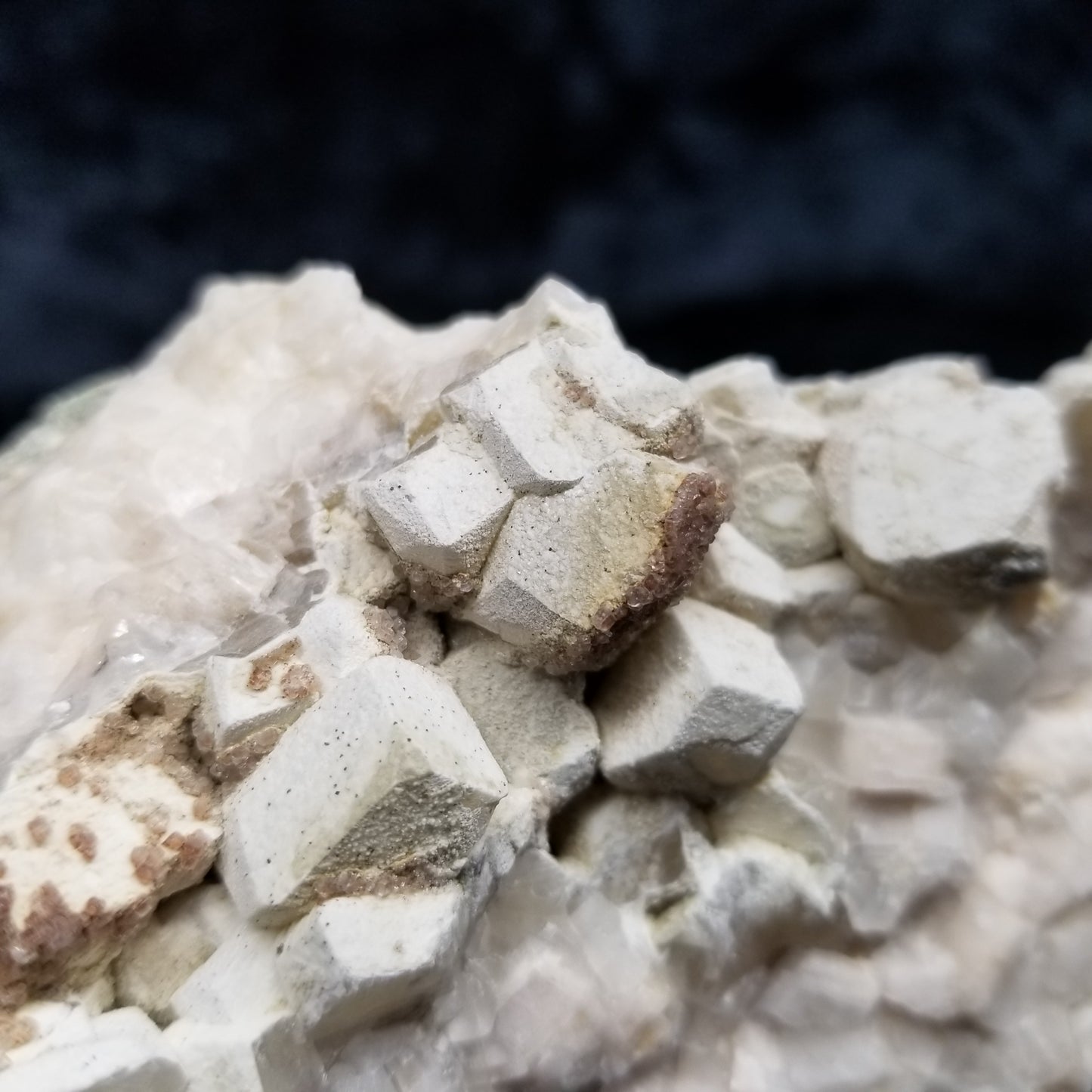 #11113 White Dolomite on Combined form Calcite cluster