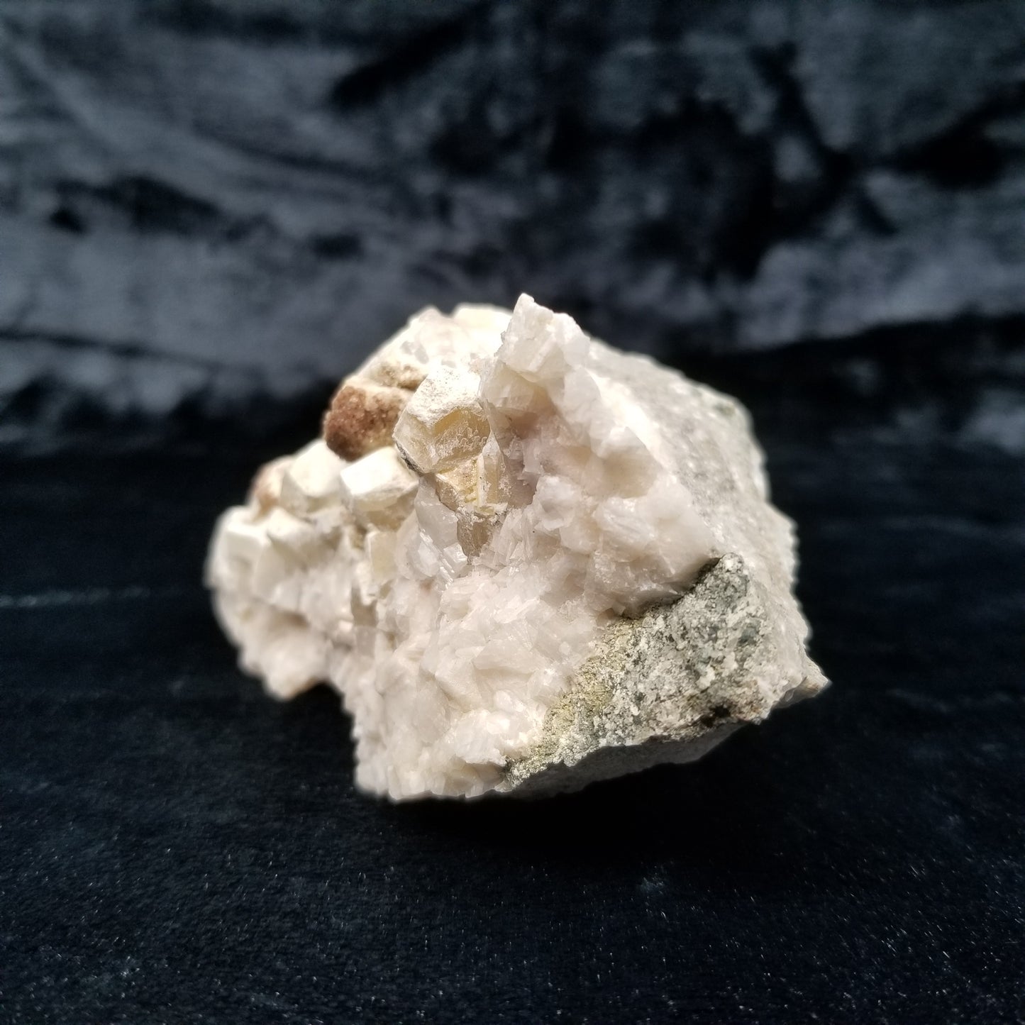 #11113 White Dolomite on Combined form Calcite cluster