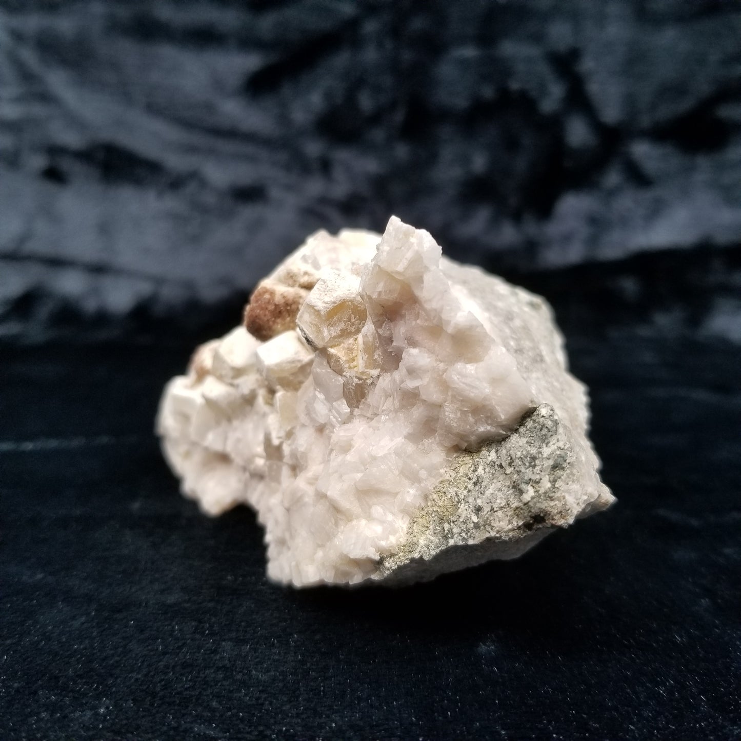 #11113 White Dolomite on Combined form Calcite cluster