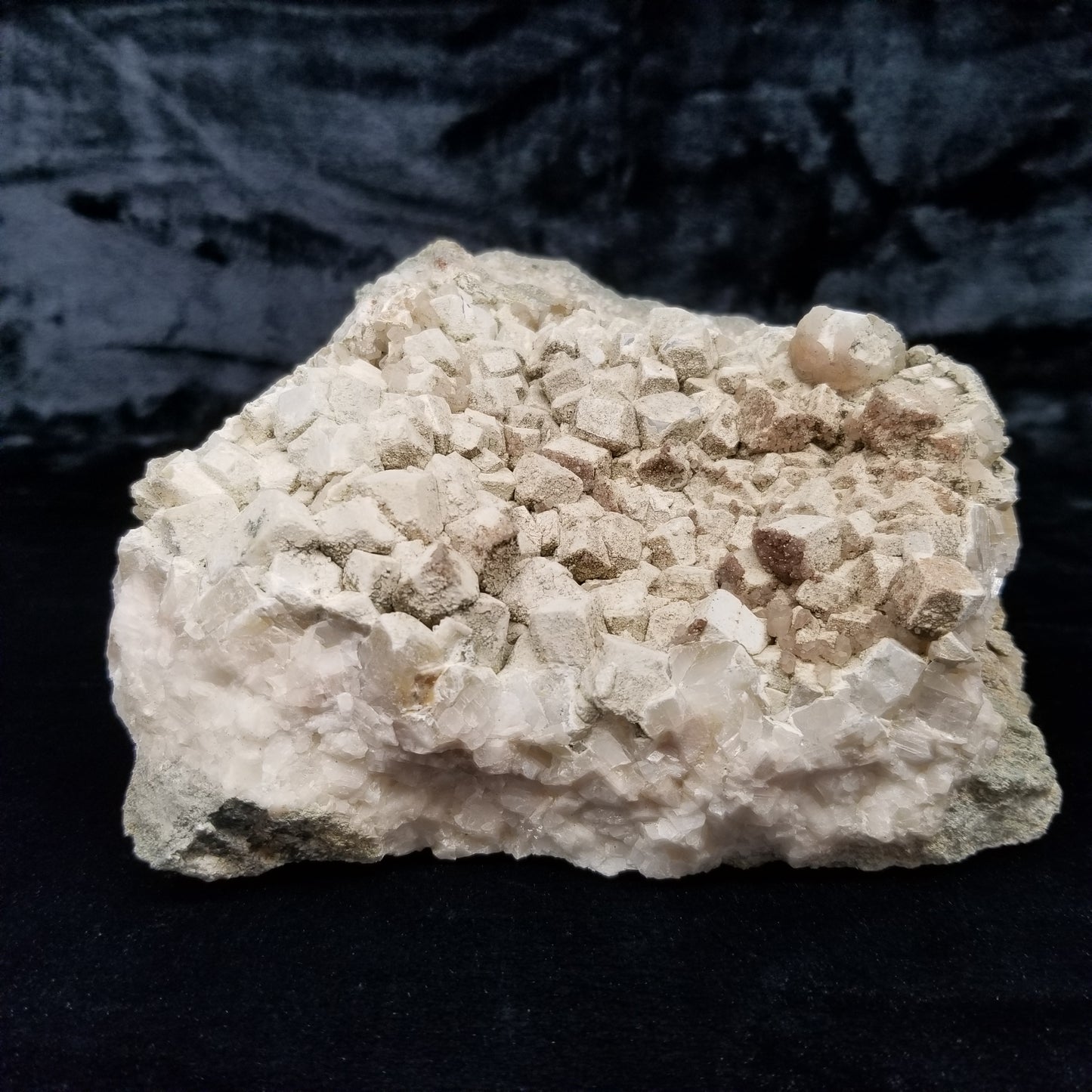 #11114 white Dolomite and small water clear Nailhead Spar Calcite crystals with Hematite inclusions on Combined form Calcite cluster on white Calcite