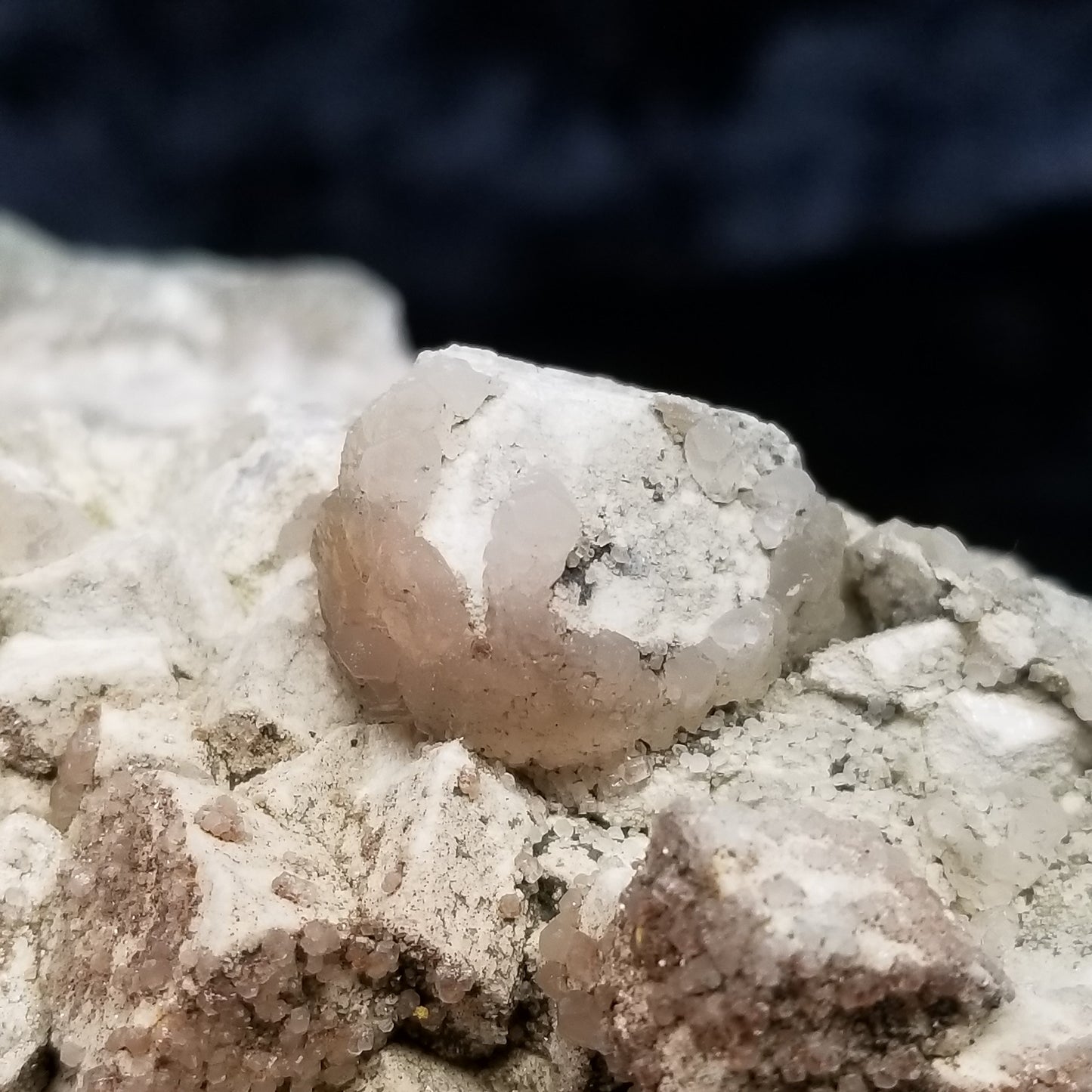 #11114 white Dolomite and small water clear Nailhead Spar Calcite crystals with Hematite inclusions on Combined form Calcite cluster on white Calcite