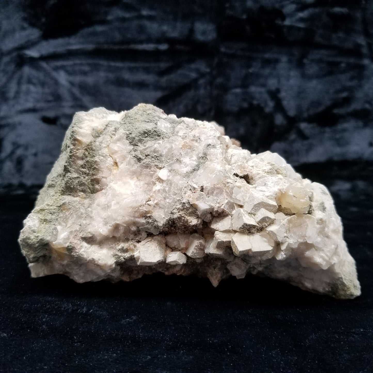 #11114 white Dolomite and small water clear Nailhead Spar Calcite crystals with Hematite inclusions on Combined form Calcite cluster on white Calcite