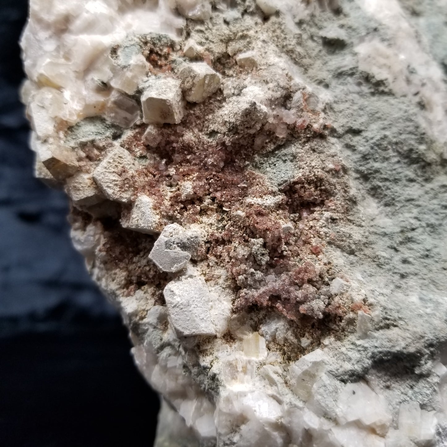 #11114 white Dolomite and small water clear Nailhead Spar Calcite crystals with Hematite inclusions on Combined form Calcite cluster on white Calcite