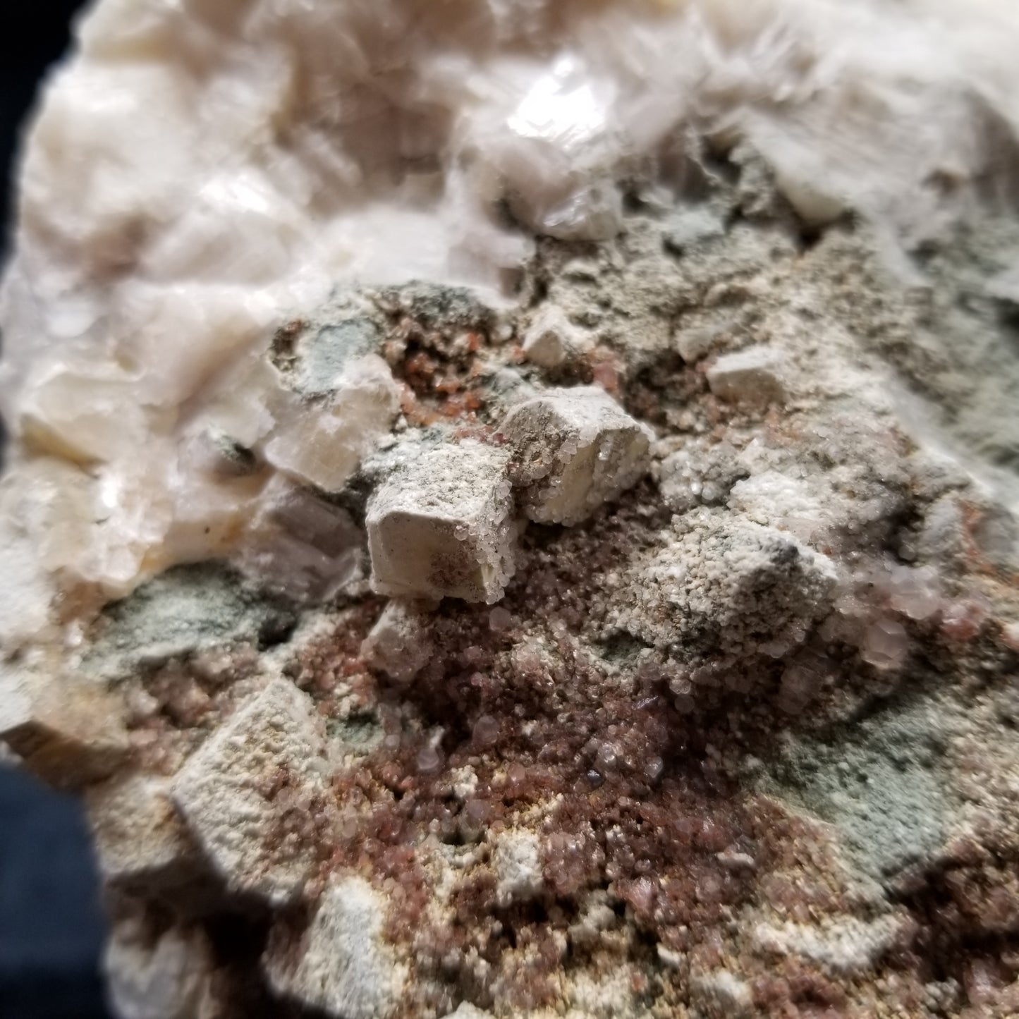 #11114 white Dolomite and small water clear Nailhead Spar Calcite crystals with Hematite inclusions on Combined form Calcite cluster on white Calcite