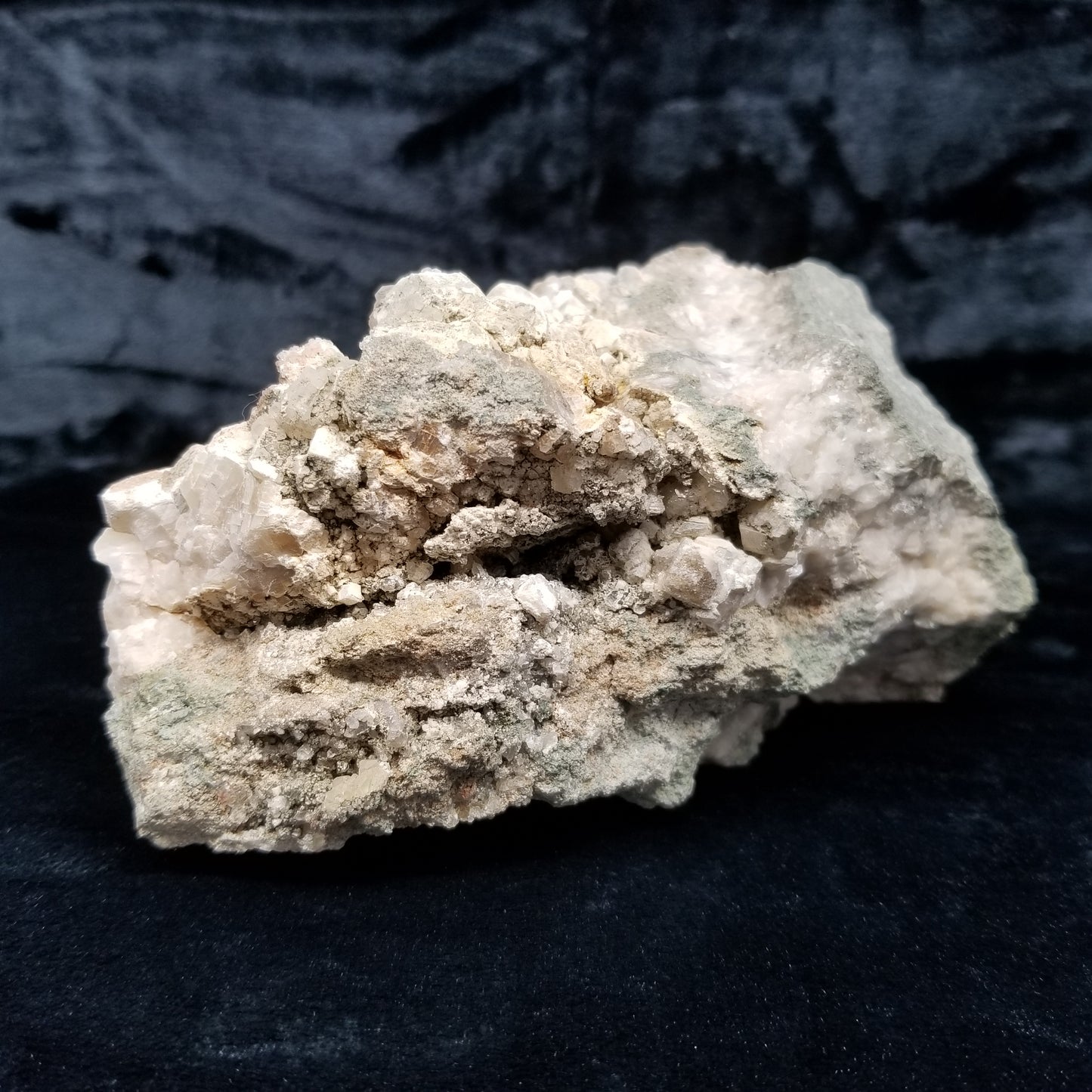 #11114 white Dolomite and small water clear Nailhead Spar Calcite crystals with Hematite inclusions on Combined form Calcite cluster on white Calcite