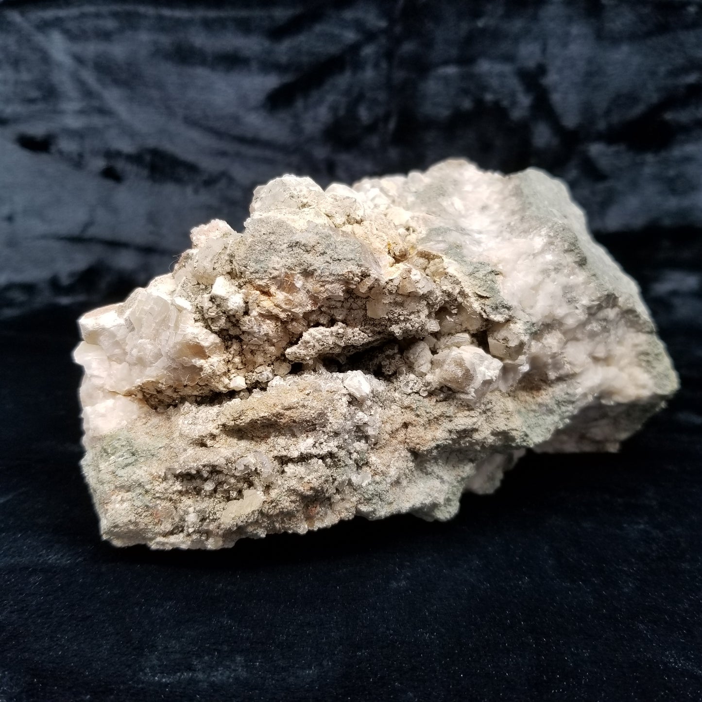 #11114 white Dolomite and small water clear Nailhead Spar Calcite crystals with Hematite inclusions on Combined form Calcite cluster on white Calcite