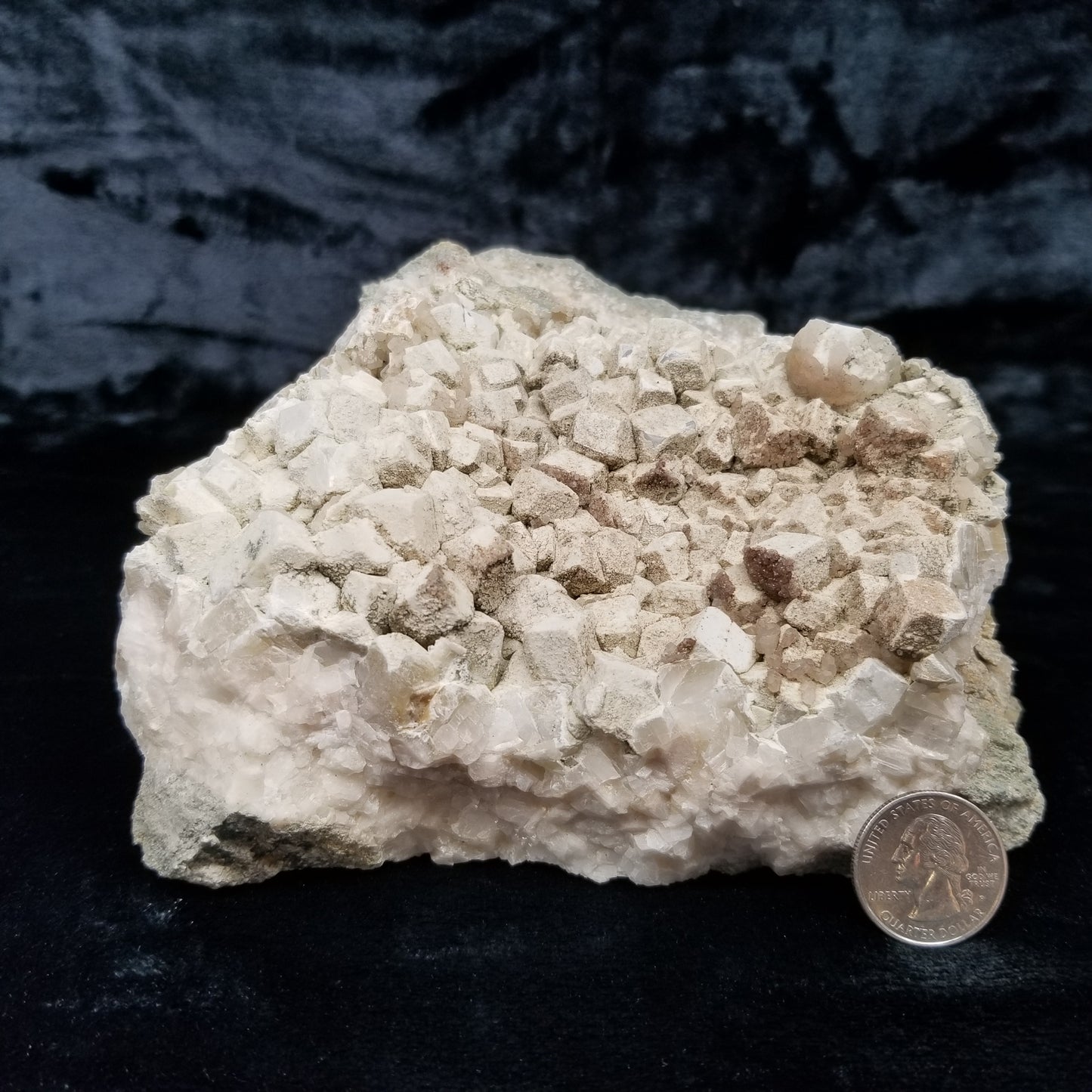 #11114 white Dolomite and small water clear Nailhead Spar Calcite crystals with Hematite inclusions on Combined form Calcite cluster on white Calcite