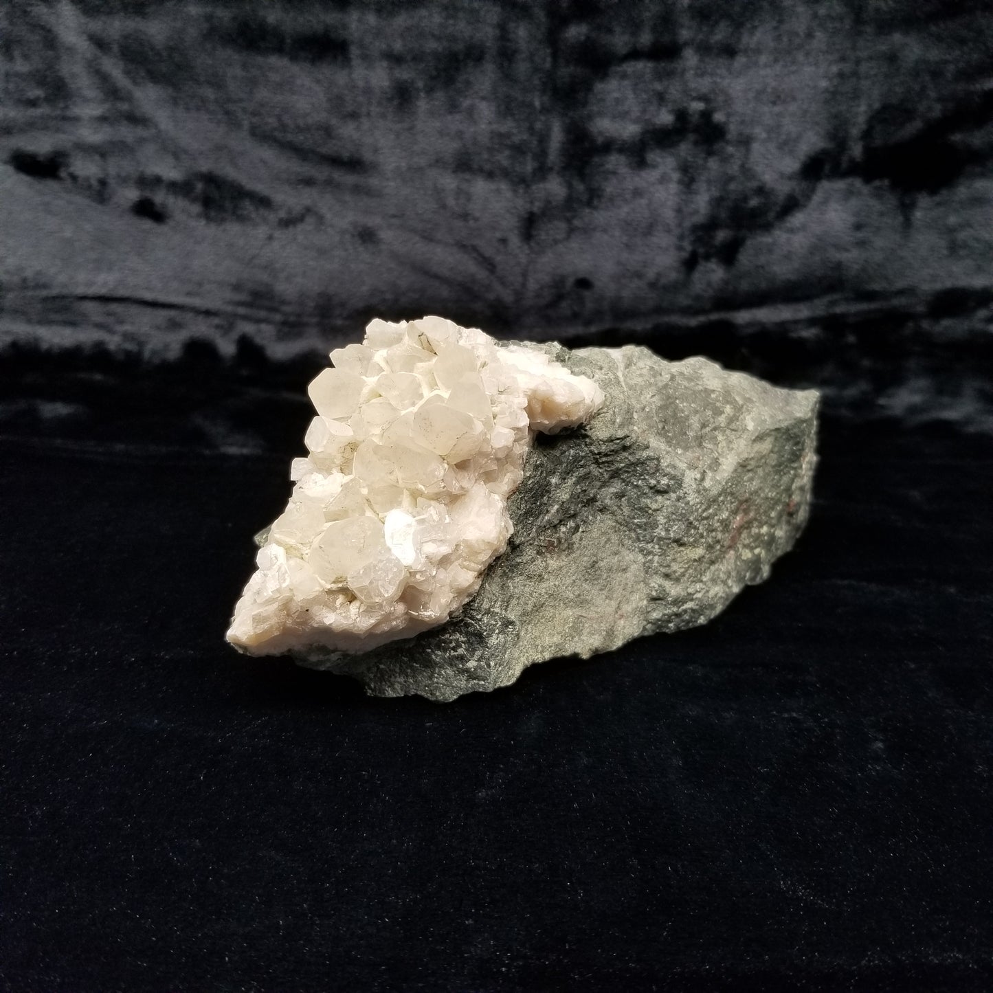 #11122 White Dolomite on Combined form Calcite double formation pyrite inclusions