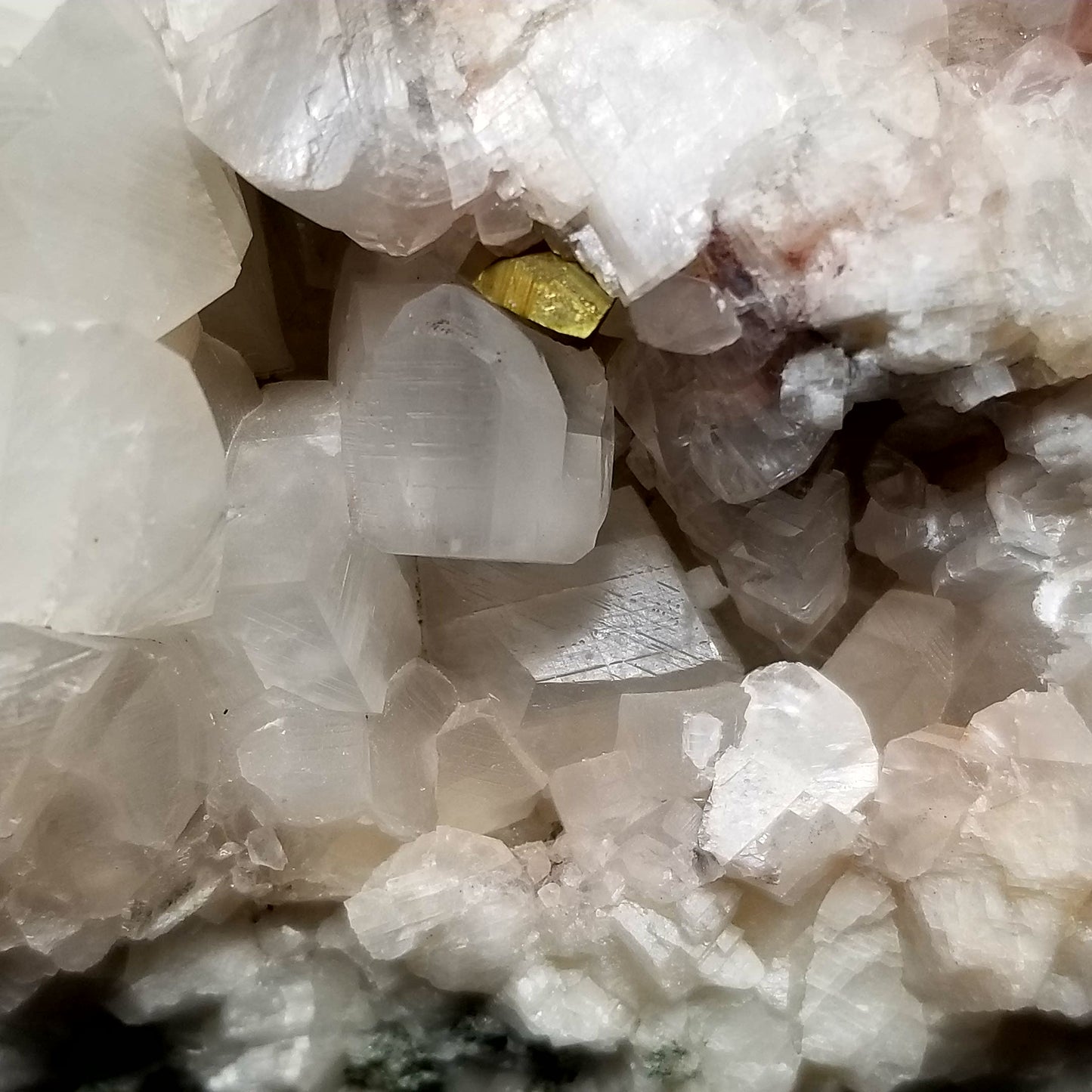 #11128 Iridescent Chalcopyrite ore on clear Combined form Calcite cluster with Chalcopyrite phatom inclusions