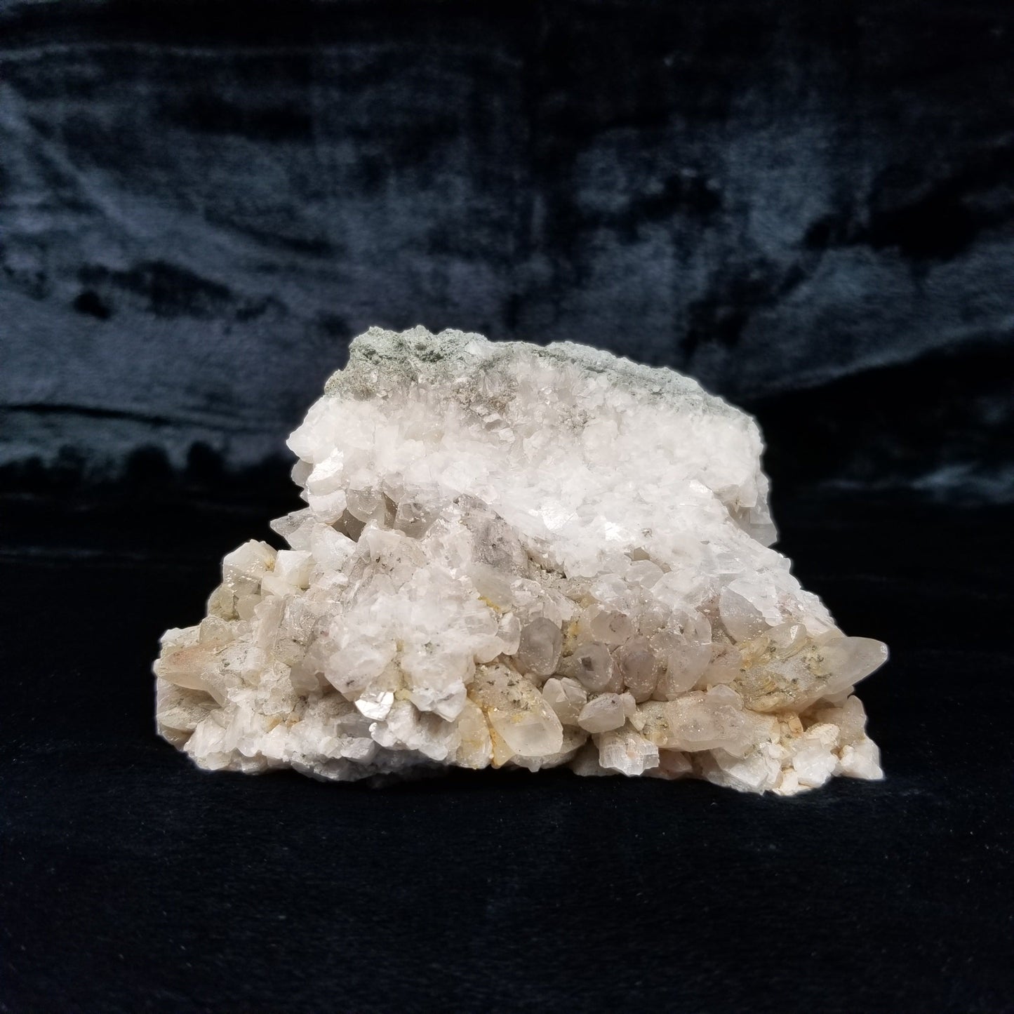 #11125 White Dolomite and Chalcopyrite on multiple Dogtooth Spar Calcite formation cluster with Chalcopyrite phantom