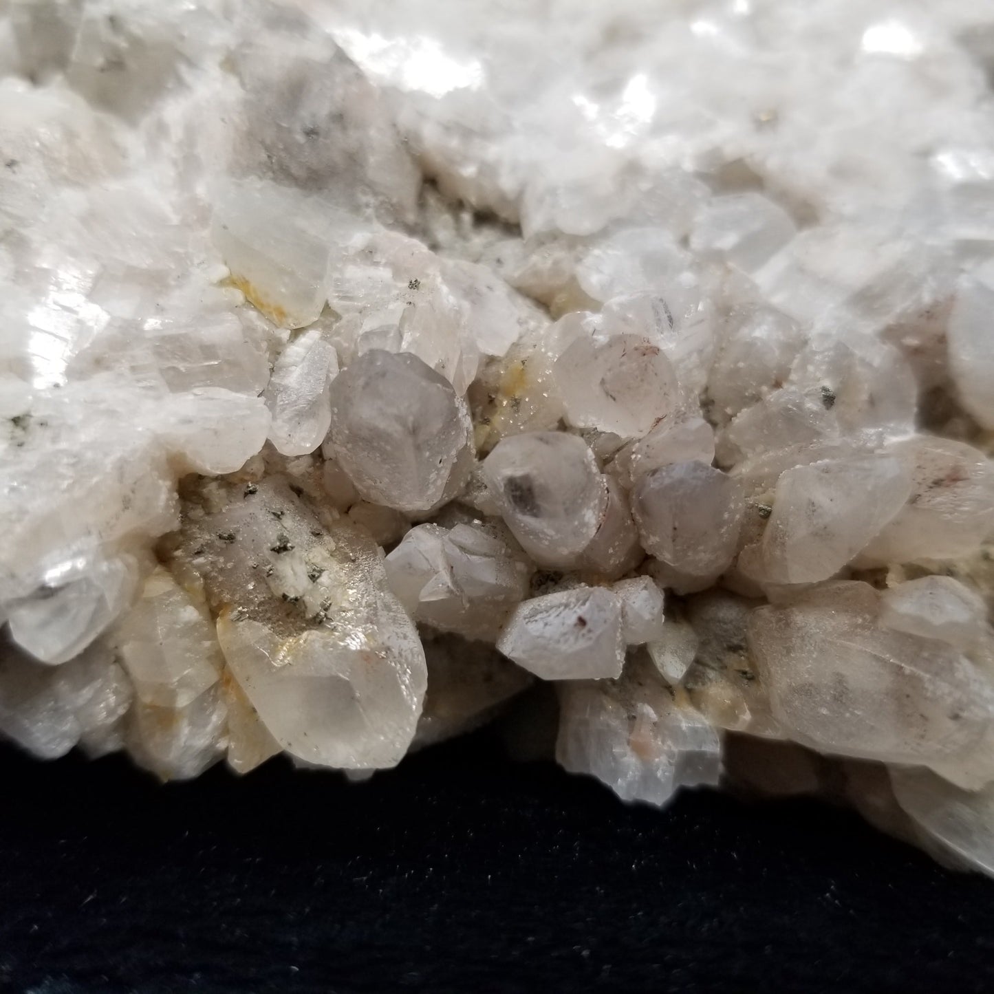 #11125 White Dolomite and Chalcopyrite on multiple Dogtooth Spar Calcite formation cluster with Chalcopyrite phantom