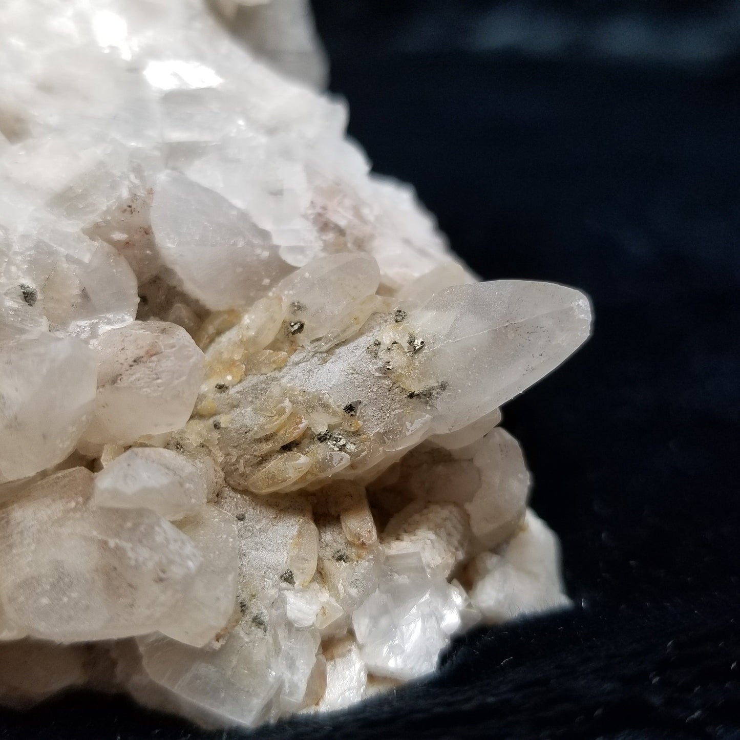 #11125 White Dolomite and Chalcopyrite on multiple Dogtooth Spar Calcite formation cluster with Chalcopyrite phantom