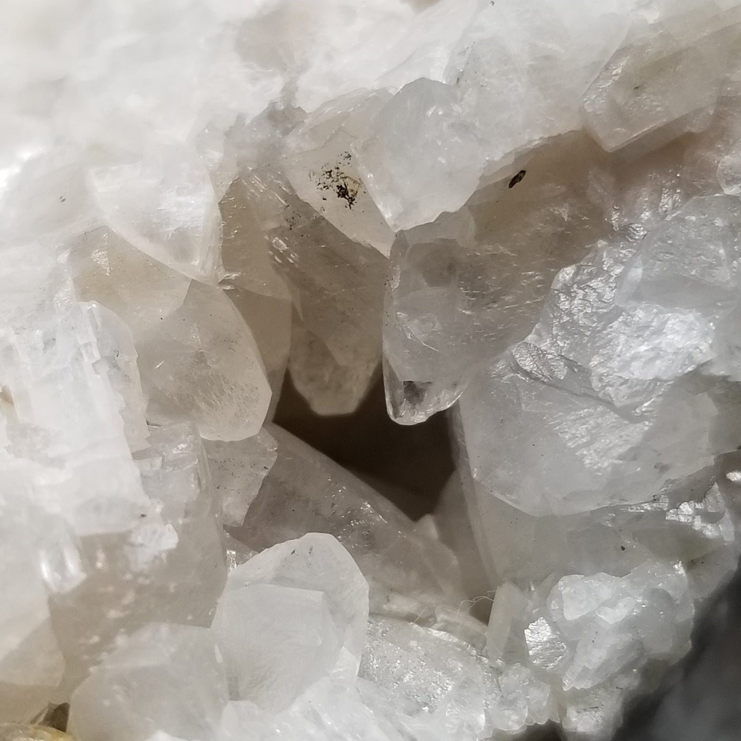 #11125 White Dolomite and Chalcopyrite on multiple Dogtooth Spar Calcite formation cluster with Chalcopyrite phantom