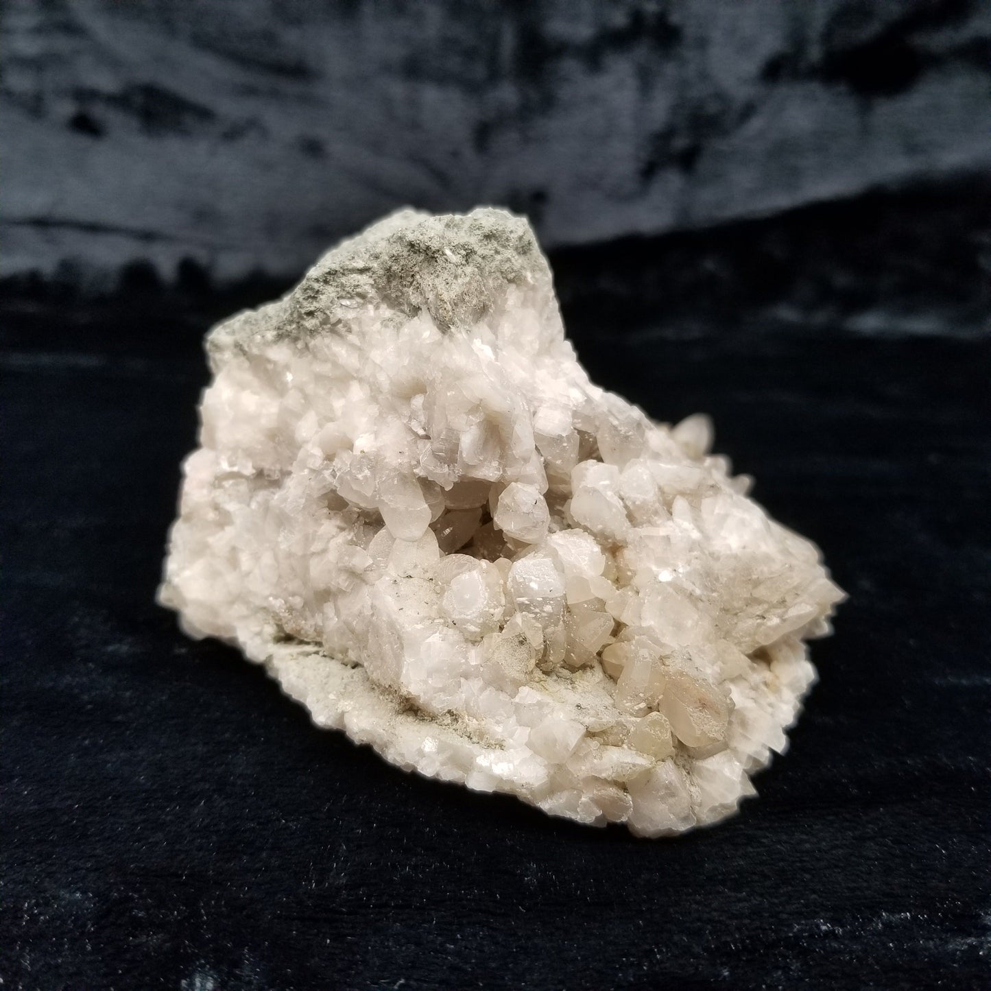 #11125 White Dolomite and Chalcopyrite on multiple Dogtooth Spar Calcite formation cluster with Chalcopyrite phantom