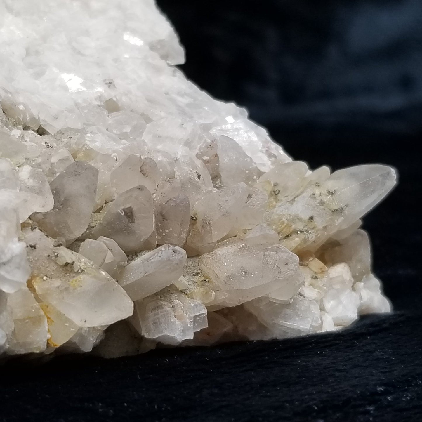 #11125 White Dolomite and Chalcopyrite on multiple Dogtooth Spar Calcite formation cluster with Chalcopyrite phantom