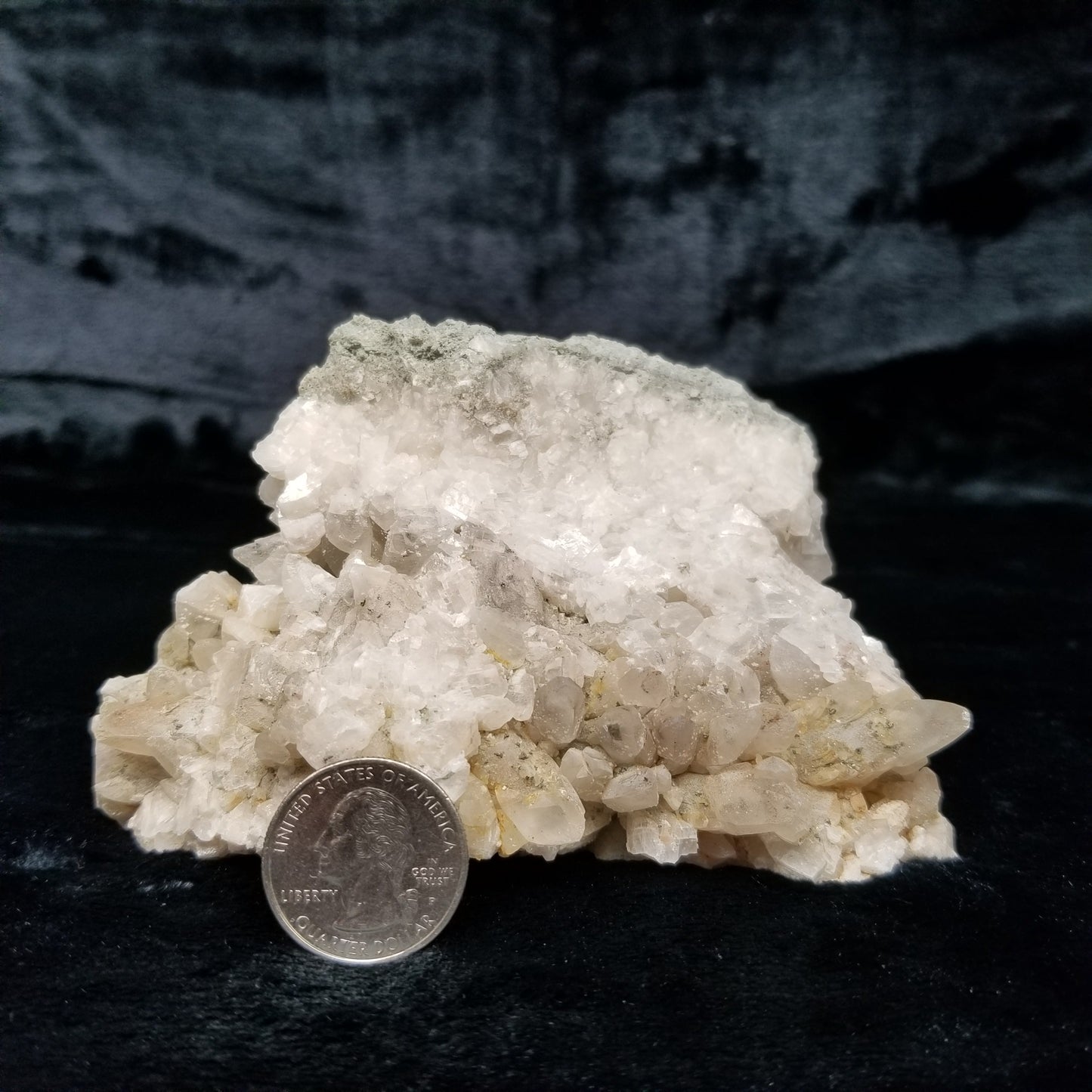 #11125 White Dolomite and Chalcopyrite on multiple Dogtooth Spar Calcite formation cluster with Chalcopyrite phantom