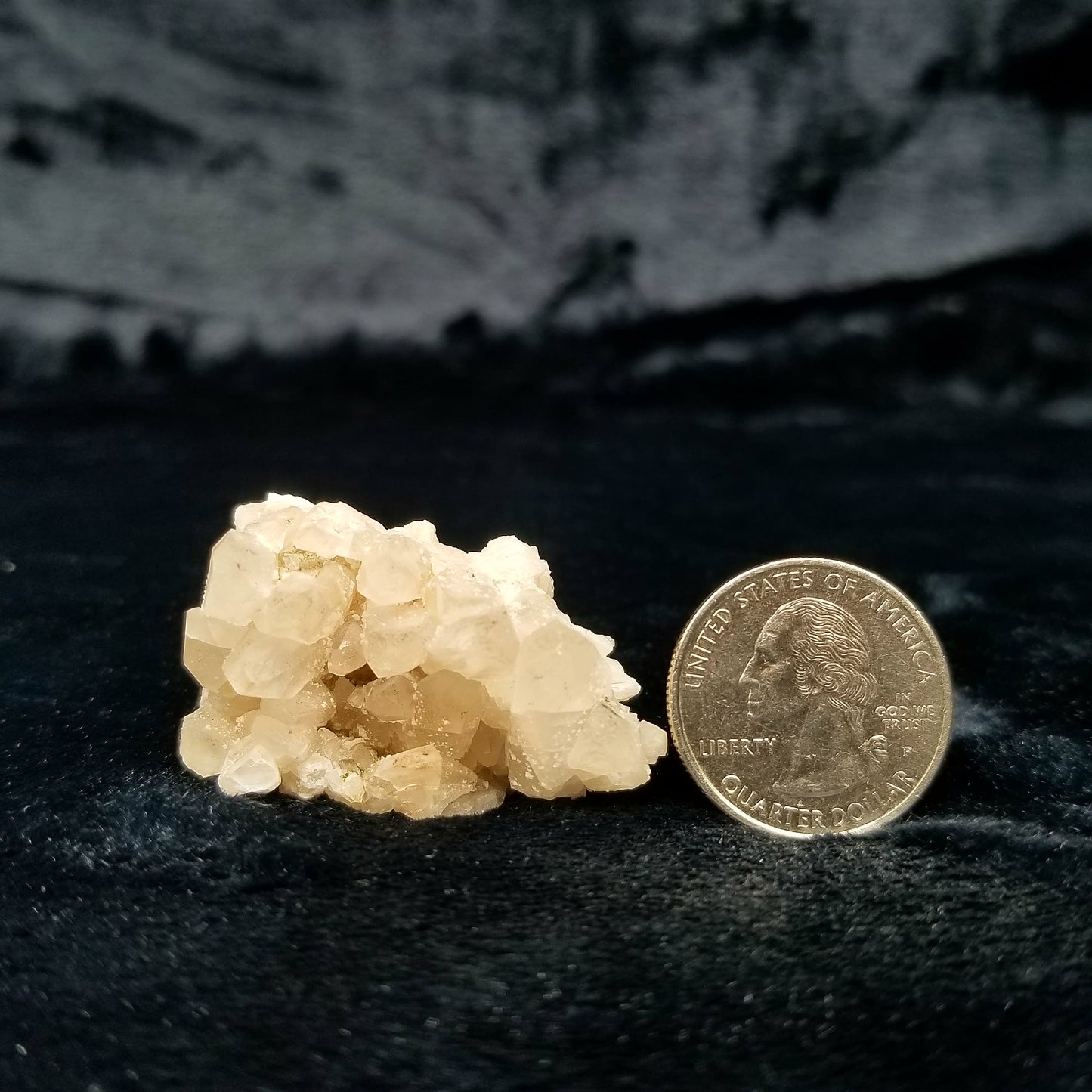 #11131 White Dolomite coating on clear Combined form Calcite with Hematite inclusions