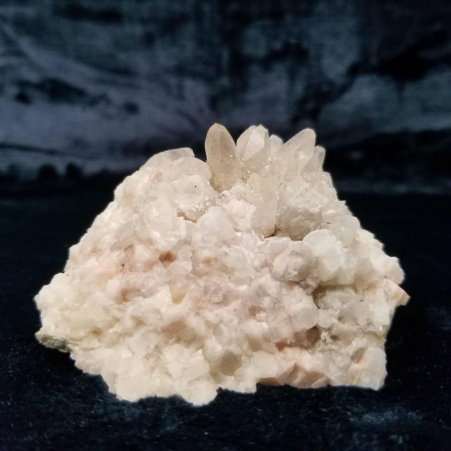 #11134 White Dolomite coating on clear Dogtooth Spar Calcite cluster with Chalcopyrite and Hematite inclusions