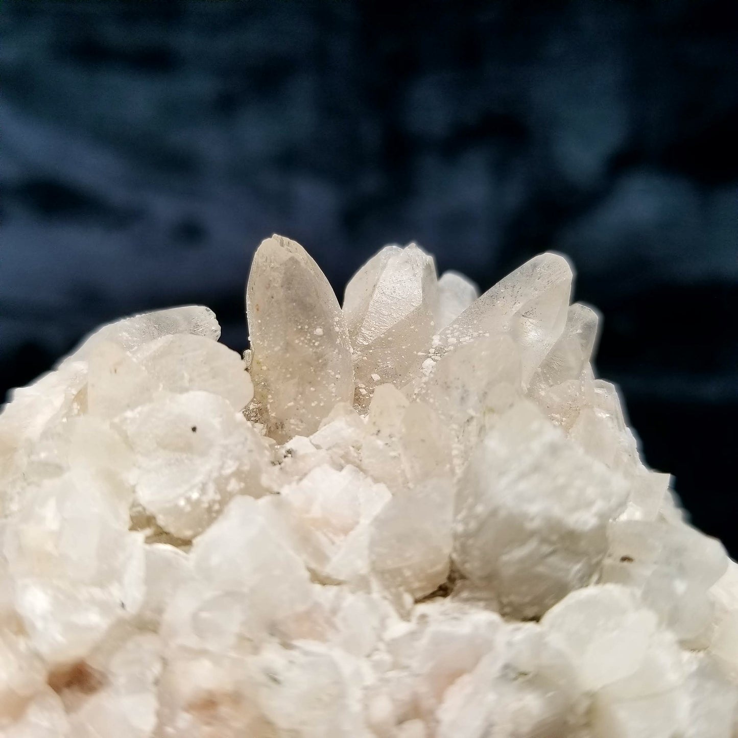 #11134 White Dolomite coating on clear Dogtooth Spar Calcite cluster with Chalcopyrite and Hematite inclusions