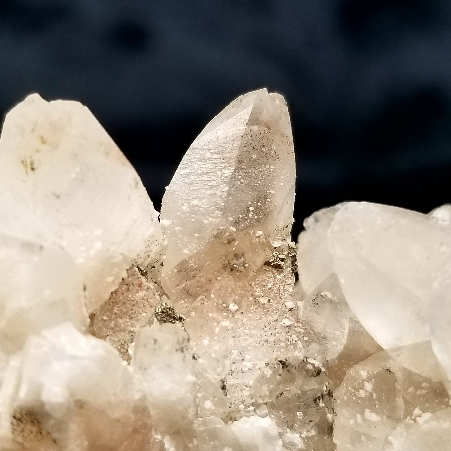 #11134 White Dolomite coating on clear Dogtooth Spar Calcite cluster with Chalcopyrite and Hematite inclusions