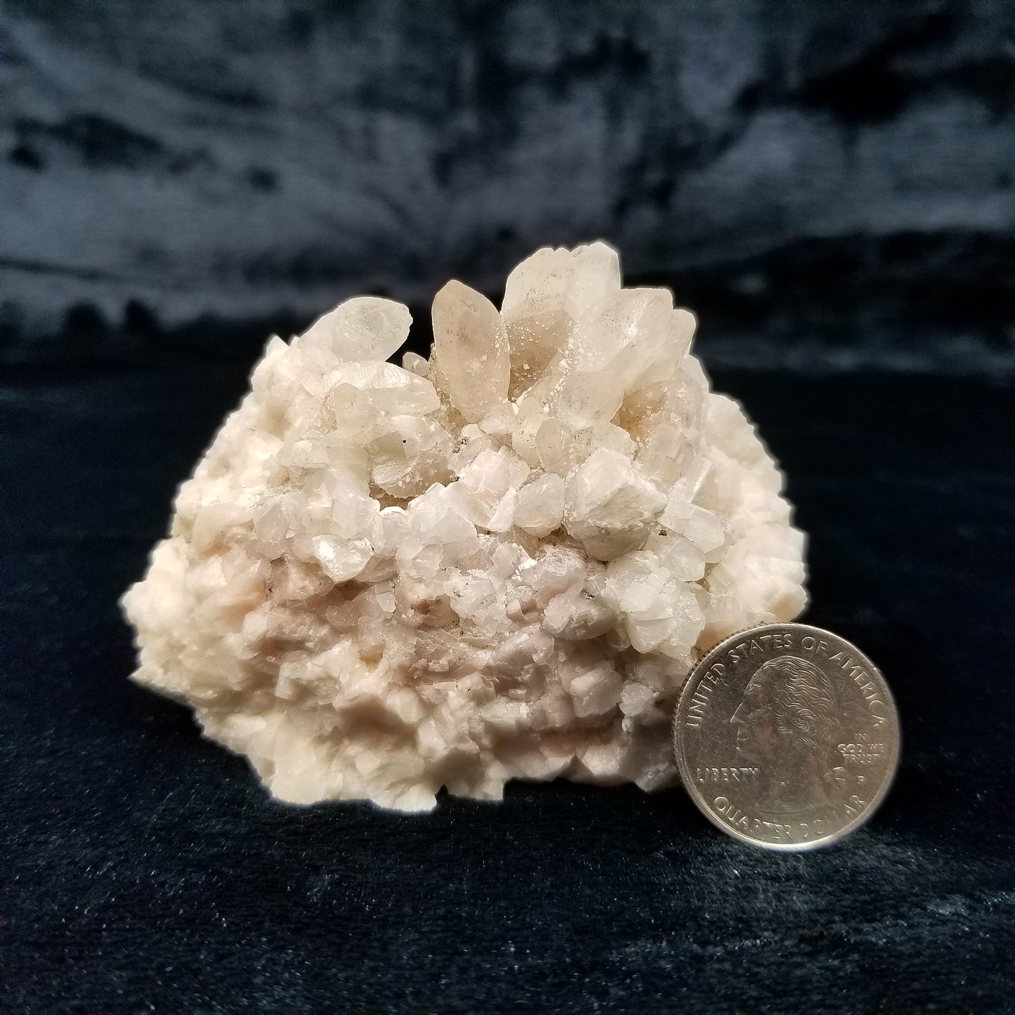 #11134 White Dolomite coating on clear Dogtooth Spar Calcite cluster with Chalcopyrite and Hematite inclusions