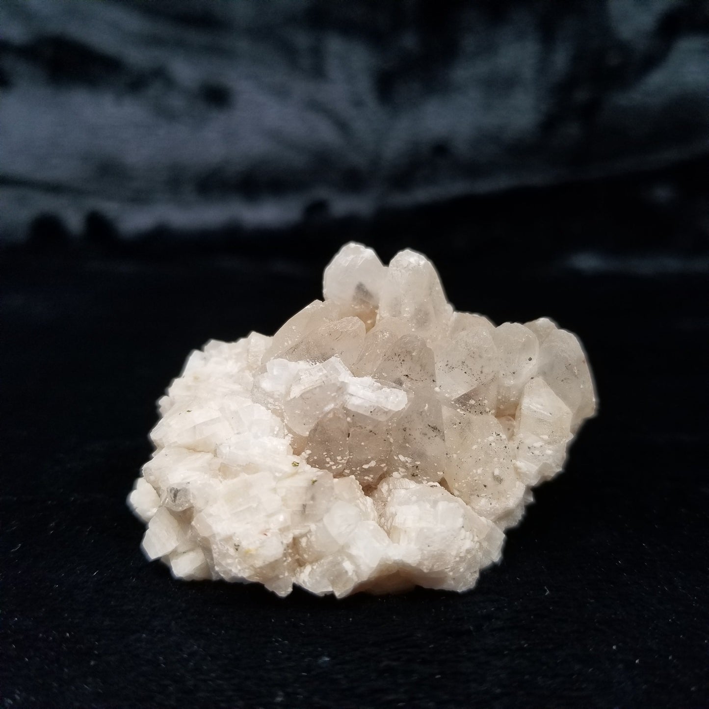 #11141 White Dolomite and Chalcopyrite on clear Dogtooth Spar phantom Calcite cluster