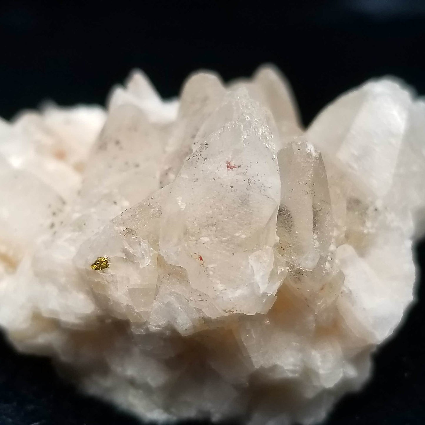 #11141 White Dolomite and Chalcopyrite on clear Dogtooth Spar phantom Calcite cluster